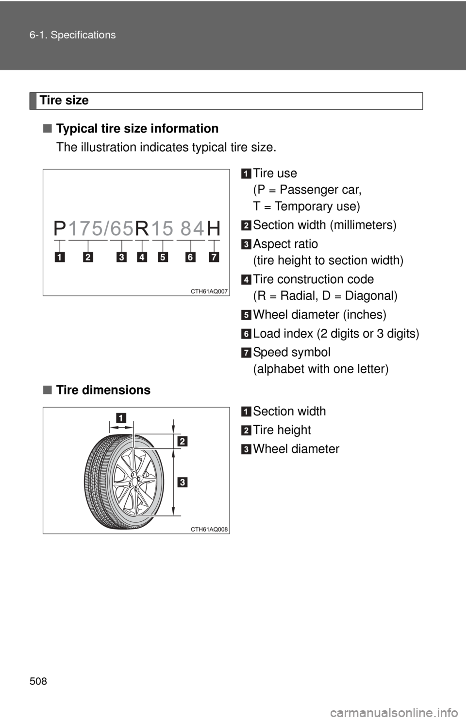TOYOTA PRIUS C 2013 NHP10 / 1.G Owners Manual 508 6-1. Specifications
Tire size■ Typical tire size information
The illustration indicates typical tire size.
Tire use
(P = Passenger car,
T = Temporary use)
Section width (millimeters)
Aspect rat TOYOTA PRIUS C 2013 NHP10 / 1.G Owners Manual 508 6-1. Specifications
Tire size■ Typical tire size information
The illustration indicates typical tire size.
Tire use
(P = Passenger car,
T = Temporary use)
Section width (millimeters)
Aspect rat