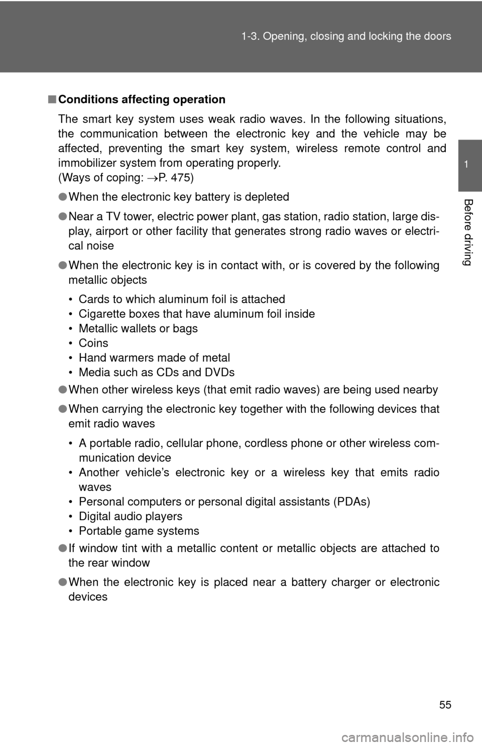 TOYOTA PRIUS C 2013 NHP10 / 1.G Workshop Manual 55
1-3. Opening, closing and locking the doors
1
Before driving
■
Conditions affecting operation
The smart key system uses weak radio waves. In the following situations,
the communication between th