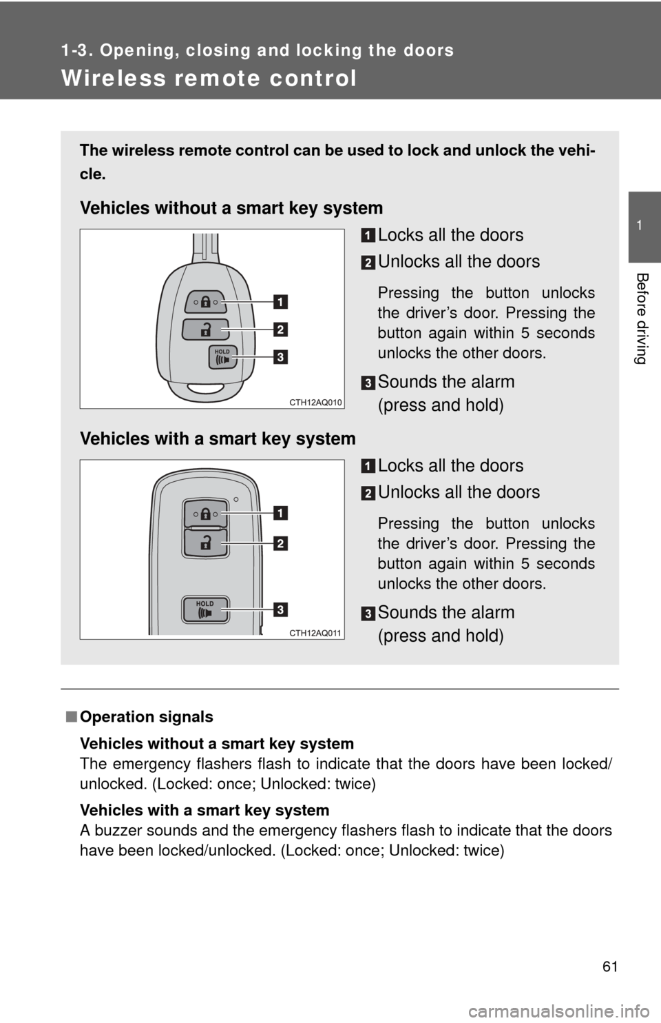 TOYOTA PRIUS C 2013 NHP10 / 1.G Repair Manual 61
1
1-3. Opening, closing and locking the doors
Before driving
Wireless remote control
■Operation signals
Vehicles without a smart key system
The emergency flashers flash to indicate that the doors TOYOTA PRIUS C 2013 NHP10 / 1.G Repair Manual 61
1
1-3. Opening, closing and locking the doors
Before driving
Wireless remote control
■Operation signals
Vehicles without a smart key system
The emergency flashers flash to indicate that the doors