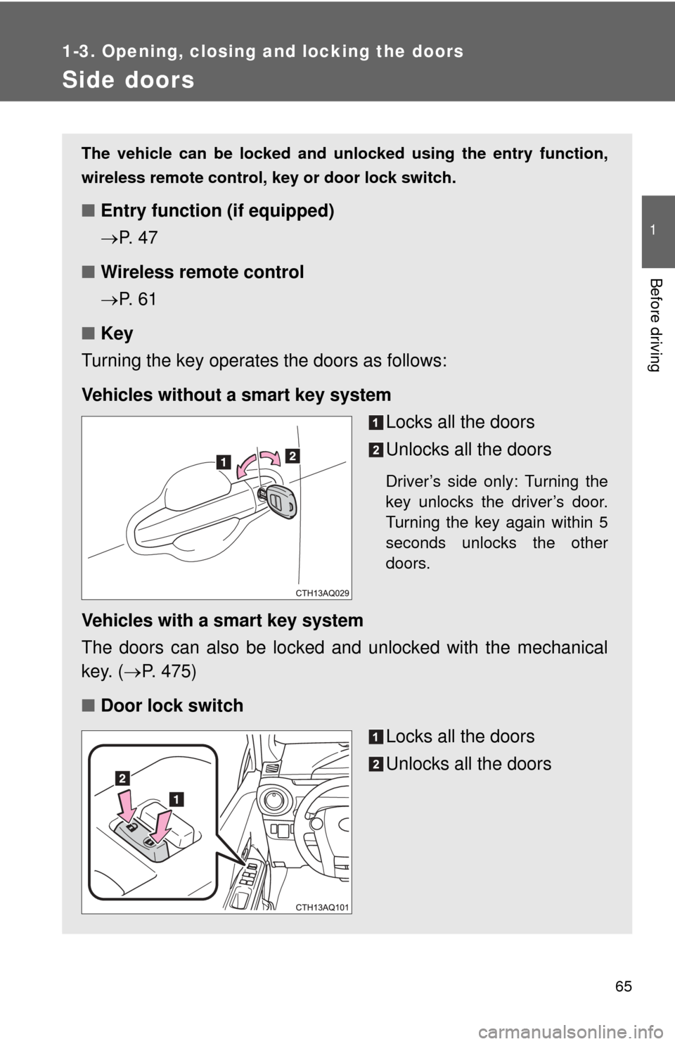 TOYOTA PRIUS C 2013 NHP10 / 1.G Repair Manual 65
1
1-3. Opening, closing and locking the doors
Before driving
Side doors
The vehicle can be locked and unlocked using the entry function,
wireless remote control, key or door lock switch.
■Entry f