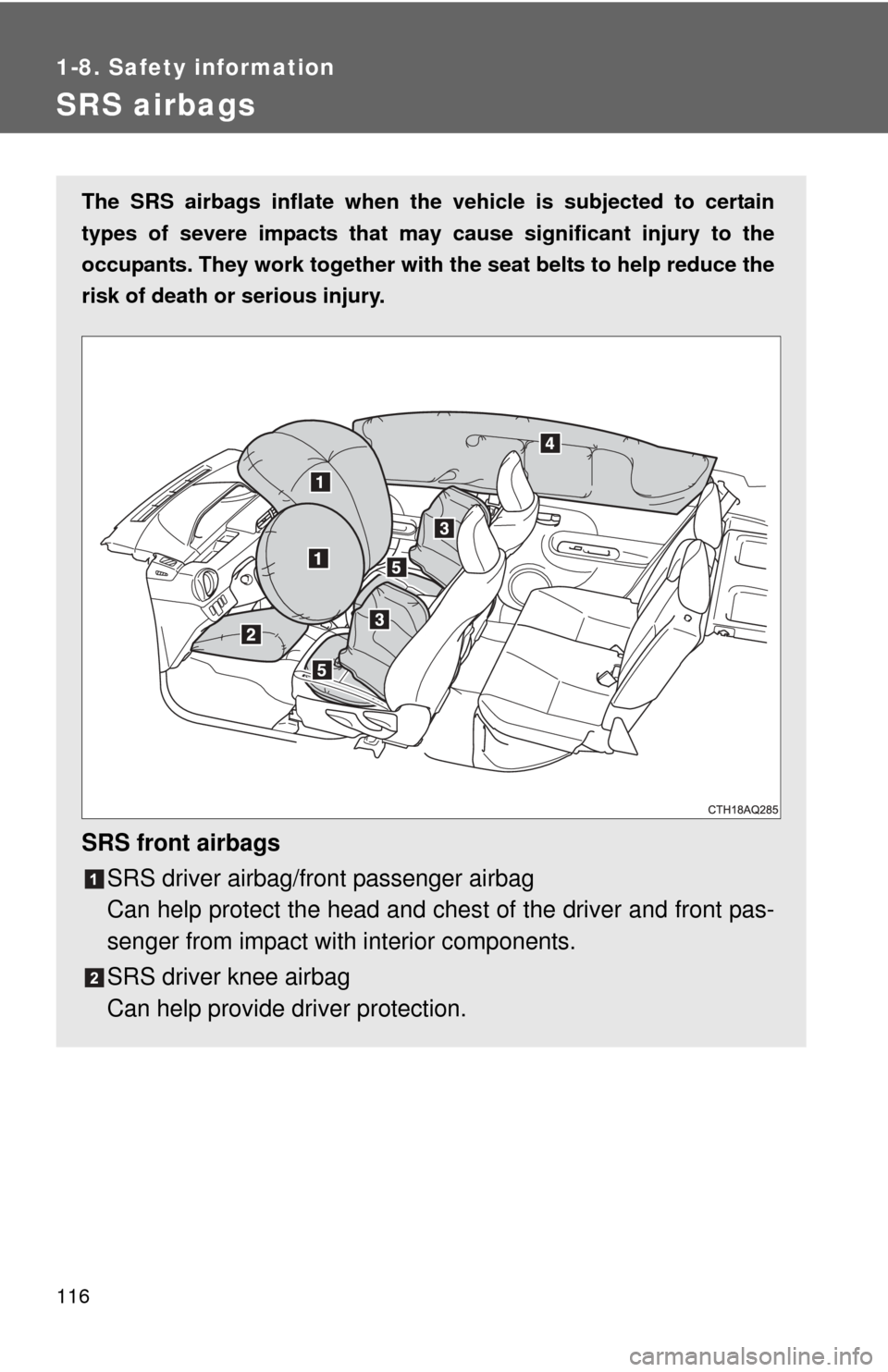 TOYOTA PRIUS C 2014 NHP10 / 1.G Owners Manual 116
1-8. Safety information
SRS airbags
The SRS airbags inflate when the vehicle is subjected to certain
types of severe impacts that may  cause significant injury to the
occupants. They work together