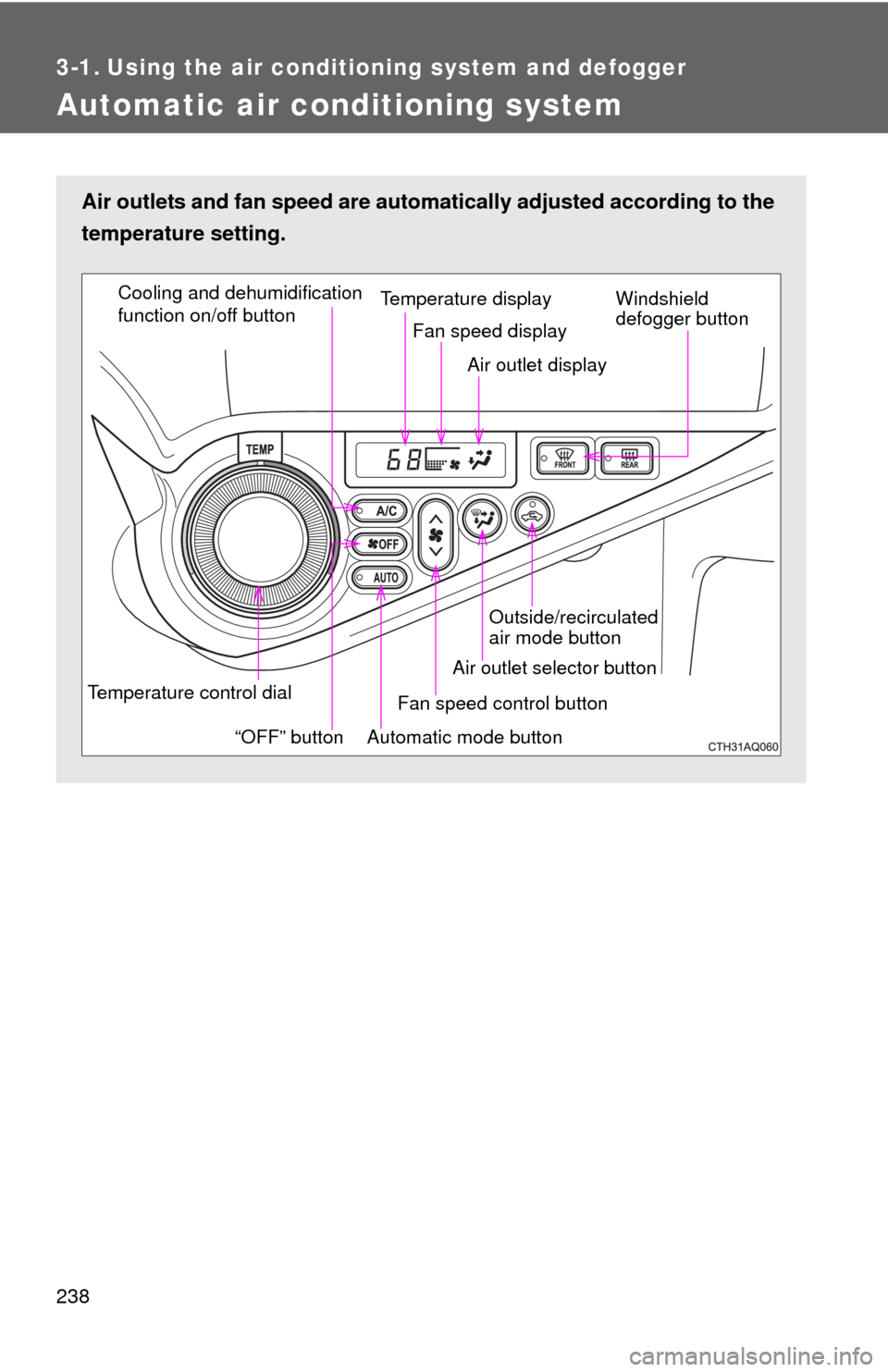 TOYOTA PRIUS C 2014 NHP10 / 1.G Owners Manual 238
3-1. Using the air conditioning system and defogger
Automatic air conditioning system
Air outlets and fan speed are automatically adjusted according to the
temperature setting.
Temperature control TOYOTA PRIUS C 2014 NHP10 / 1.G Owners Manual 238
3-1. Using the air conditioning system and defogger
Automatic air conditioning system
Air outlets and fan speed are automatically adjusted according to the
temperature setting.
Temperature control