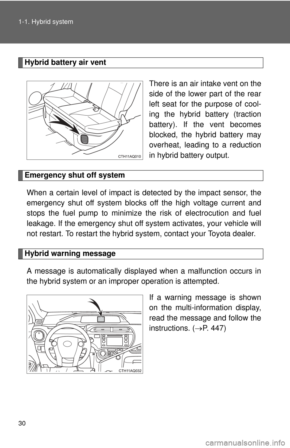 TOYOTA PRIUS C 2014 NHP10 / 1.G Owners Manual 30 1-1. Hybrid system
Hybrid battery air vent There is an air intake vent on the
side of the lower part of the rear
left seat for the purpose of cool-
ing the hybrid battery (traction
battery). If the TOYOTA PRIUS C 2014 NHP10 / 1.G Owners Manual 30 1-1. Hybrid system
Hybrid battery air vent There is an air intake vent on the
side of the lower part of the rear
left seat for the purpose of cool-
ing the hybrid battery (traction
battery). If the