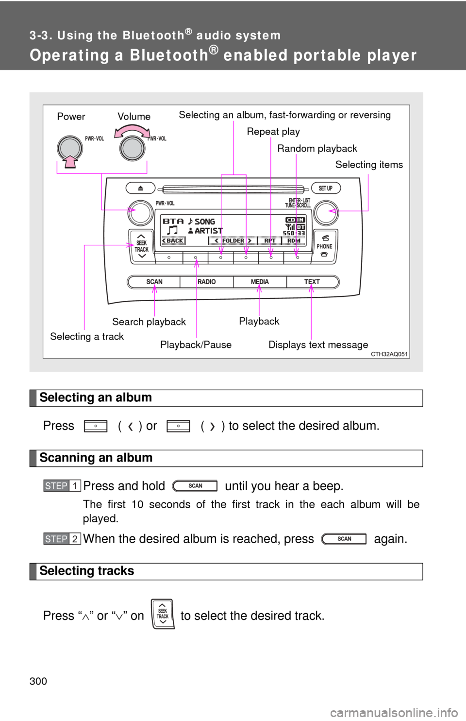 TOYOTA PRIUS C 2014 NHP10 / 1.G Repair Manual 300
3-3. Using the Bluetooth® audio system
Operating a Bluetooth® enabled por table player
Selecting an albumPress ( ) or ( ) to select the desired album.
Scanning an album Press and hold unti TOYOTA PRIUS C 2014 NHP10 / 1.G Repair Manual 300
3-3. Using the Bluetooth® audio system
Operating a Bluetooth® enabled por table player
Selecting an albumPress ( ) or ( ) to select the desired album.
Scanning an album Press and hold unti