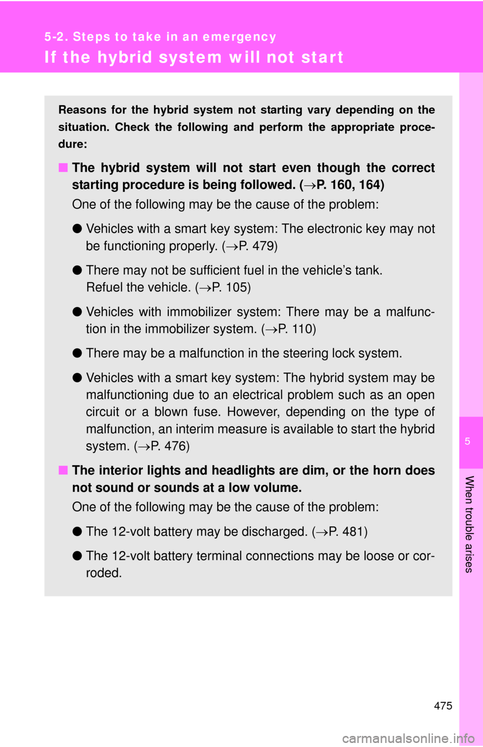 TOYOTA PRIUS C 2014 NHP10 / 1.G Owners Manual 5
When trouble arises
475
5-2. Steps to take in an emergency
If the hybrid system will not start
Reasons for the hybrid system not starting vary depending on the
situation. Check the following and pe TOYOTA PRIUS C 2014 NHP10 / 1.G Owners Manual 5
When trouble arises
475
5-2. Steps to take in an emergency
If the hybrid system will not start
Reasons for the hybrid system not starting vary depending on the
situation. Check the following and pe
