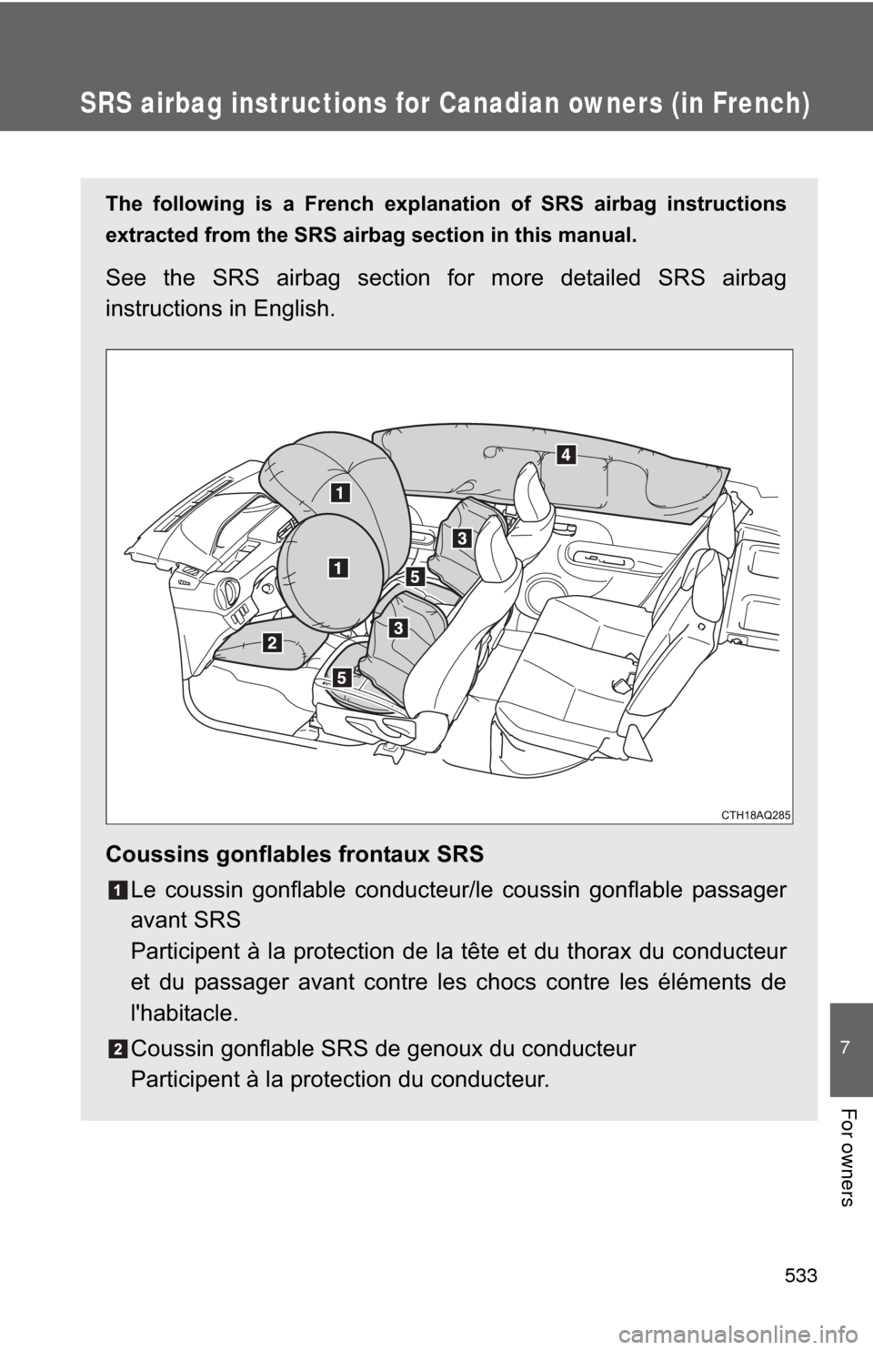 TOYOTA PRIUS C 2014 NHP10 / 1.G Owners Manual 533
7
For owners
SRS airbag instructions for Canadian owners (in French)
The following is a French explanation of SRS airbag instructions
extracted from the SRS airbag section in this manual.
See the TOYOTA PRIUS C 2014 NHP10 / 1.G Owners Manual 533
7
For owners
SRS airbag instructions for Canadian owners (in French)
The following is a French explanation of SRS airbag instructions
extracted from the SRS airbag section in this manual.
See the