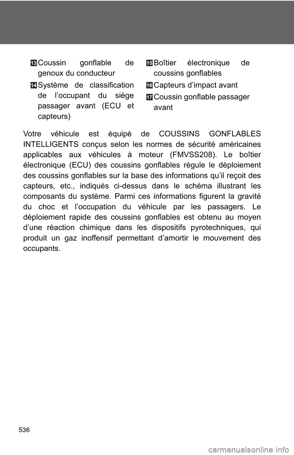 TOYOTA PRIUS C 2014 NHP10 / 1.G Owners Manual 536
Votre véhicule est équipé de COUSSINS GONFLABLES
INTELLIGENTS conçus selon les normes de sécurité américaines
applicables aux véhicules à moteur (FMVSS208). Le boîtier
électronique (ECU TOYOTA PRIUS C 2014 NHP10 / 1.G Owners Manual 536
Votre véhicule est équipé de COUSSINS GONFLABLES
INTELLIGENTS conçus selon les normes de sécurité américaines
applicables aux véhicules à moteur (FMVSS208). Le boîtier
électronique (ECU