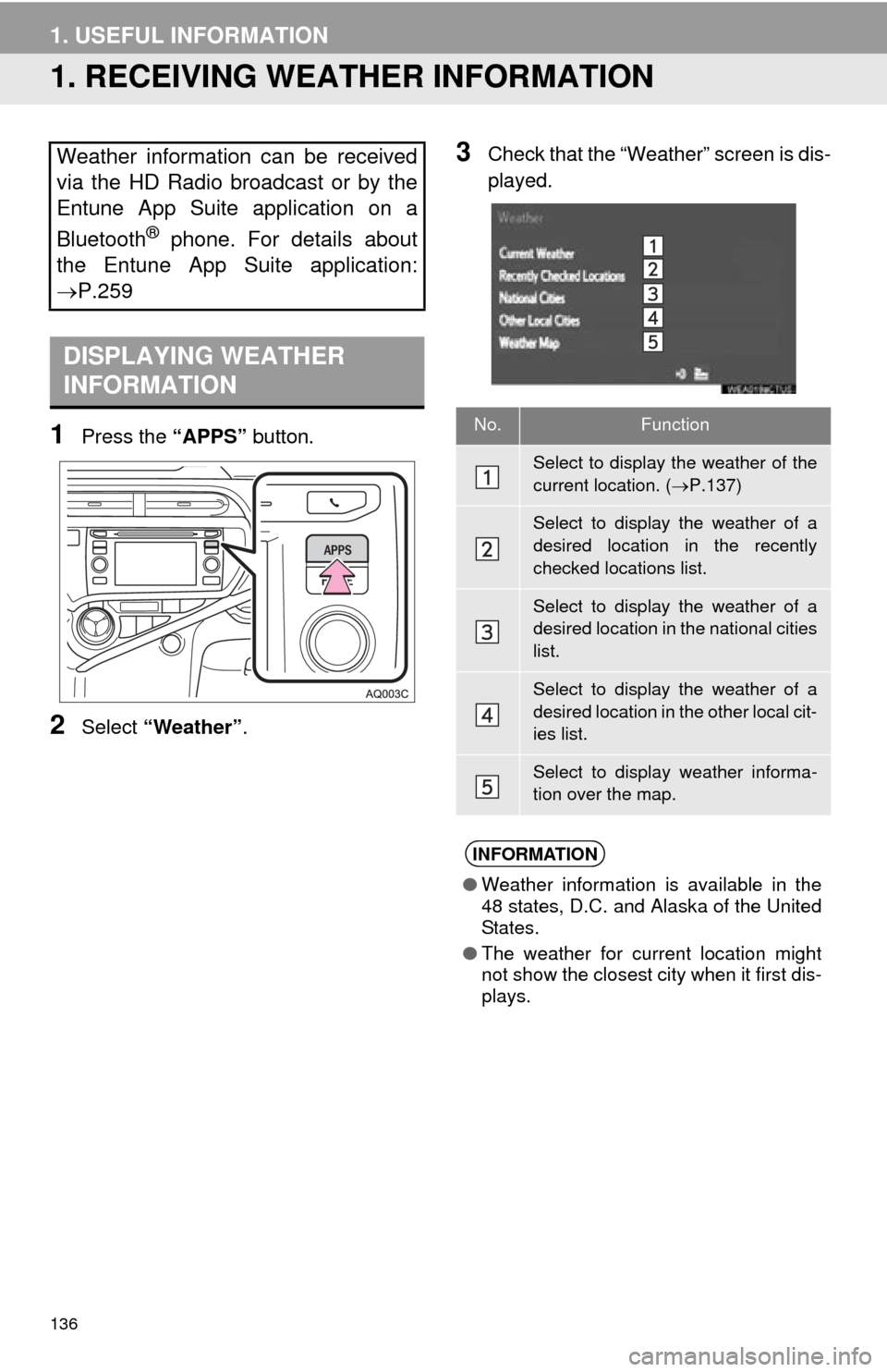 TOYOTA PRIUS C 2015 NHP10 / 1.G Navigation Manual 136
1. USEFUL INFORMATION
1. RECEIVING WEATHER INFORMATION
1Press the “APPS” button.
2Select “Weather” .
3Check that the “Weather” screen is dis-
played.Weather information can be received TOYOTA PRIUS C 2015 NHP10 / 1.G Navigation Manual 136
1. USEFUL INFORMATION
1. RECEIVING WEATHER INFORMATION
1Press the “APPS” button.
2Select “Weather” .
3Check that the “Weather” screen is dis-
played.Weather information can be received