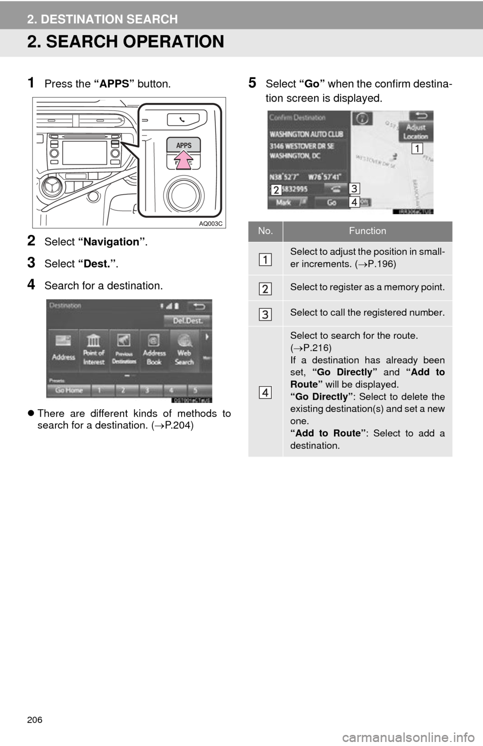 TOYOTA PRIUS C 2015 NHP10 / 1.G Navigation Manual 206
2. DESTINATION SEARCH
2. SEARCH OPERATION
1Press the “APPS” button.
2Select “Navigation” .
3Select “Dest.” .
4Search for a destination.
There are different kinds of methods to
searc TOYOTA PRIUS C 2015 NHP10 / 1.G Navigation Manual 206
2. DESTINATION SEARCH
2. SEARCH OPERATION
1Press the “APPS” button.
2Select “Navigation” .
3Select “Dest.” .
4Search for a destination.
There are different kinds of methods to
searc