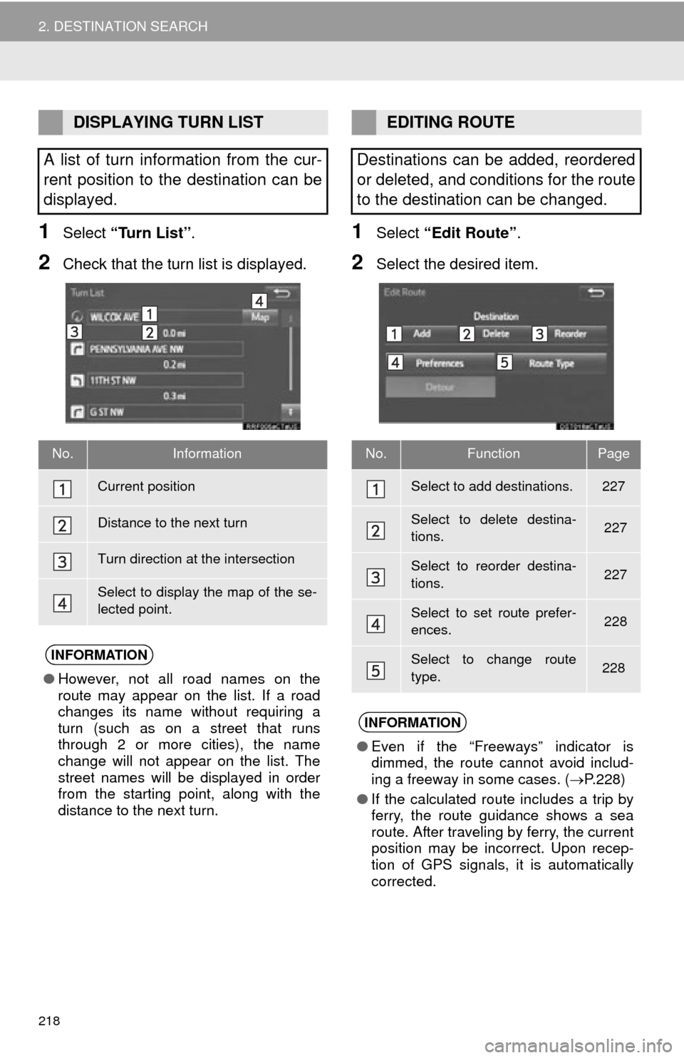 TOYOTA PRIUS C 2015 NHP10 / 1.G Navigation Manual 218
2. DESTINATION SEARCH
1Select “Turn List” .
2Check that the turn list is displayed.
1Select “Edit Route” .
2Select the desired item.
DISPLAYING TURN LIST
A list of turn information from th TOYOTA PRIUS C 2015 NHP10 / 1.G Navigation Manual 218
2. DESTINATION SEARCH
1Select “Turn List” .
2Check that the turn list is displayed.
1Select “Edit Route” .
2Select the desired item.
DISPLAYING TURN LIST
A list of turn information from th