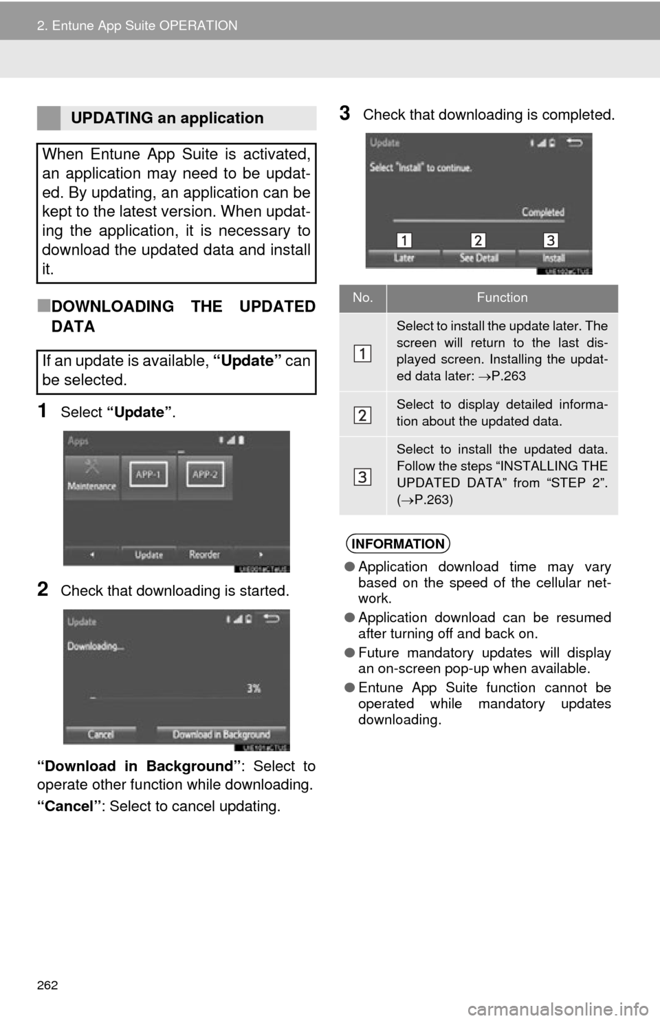 TOYOTA PRIUS C 2015 NHP10 / 1.G Navigation Manual 262
2. Entune App Suite OPERATION
■DOWNLOADING THE UPDATED
DATA
1Select “Update” .
2Check that downloading is started.
“Download in Background” : Select to
operate other function while downl TOYOTA PRIUS C 2015 NHP10 / 1.G Navigation Manual 262
2. Entune App Suite OPERATION
■DOWNLOADING THE UPDATED
DATA
1Select “Update” .
2Check that downloading is started.
“Download in Background” : Select to
operate other function while downl