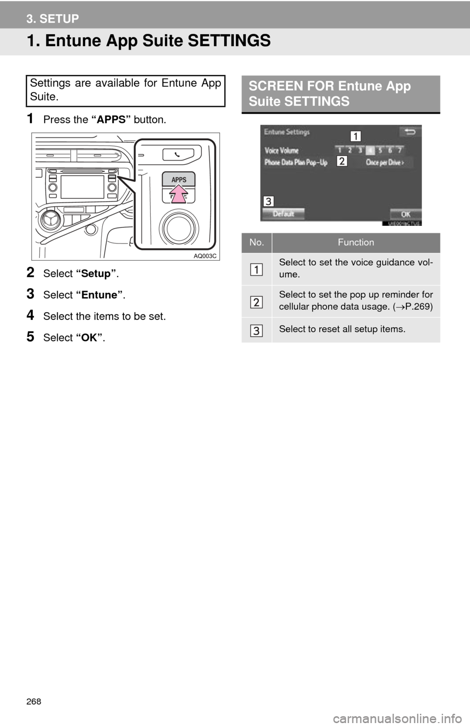 TOYOTA PRIUS C 2015 NHP10 / 1.G Navigation Manual 268
3. SETUP
1. Entune App Suite SETTINGS
1Press the “APPS” button.
2Select “Setup” .
3Select “Entune” .
4Select the items to be set.
5Select “OK”.
Settings are available for Entune Ap