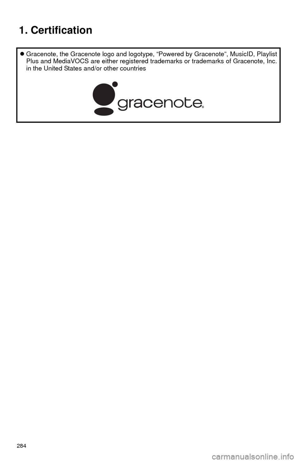 TOYOTA PRIUS C 2015 NHP10 / 1.G Navigation Manual 284
Gracenote, the Gracenote logo and logotype, “Powered by Gracenote”, MusicID, Playlist
Plus and MediaVOCS are either registered  trademarks or trademarks of Gracenote, Inc.
in the United Sta
