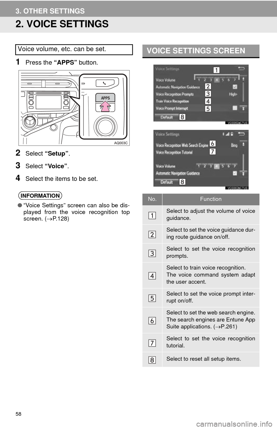 TOYOTA PRIUS C 2015 NHP10 / 1.G Navigation Manual 58
3. OTHER SETTINGS
2. VOICE SETTINGS
1Press the “APPS” button.
2Select “Setup” .
3Select “Voice” .
4Select the items to be set.
Voice volume, etc. can be set.
INFORMATION
●“Voice Set TOYOTA PRIUS C 2015 NHP10 / 1.G Navigation Manual 58
3. OTHER SETTINGS
2. VOICE SETTINGS
1Press the “APPS” button.
2Select “Setup” .
3Select “Voice” .
4Select the items to be set.
Voice volume, etc. can be set.
INFORMATION
●“Voice Set