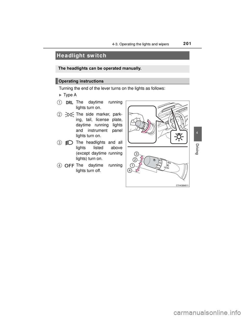 TOYOTA PRIUS C 2015 NHP10 / 1.G Owners Manual 201
4
Driving
PRIUS c_U (OM52E68U)
4-3. Operating the lights and wipers
Turning the end of the lever turns on the lights as follows:
Type AThe daytime running
lights turn on.
The side marker, park-