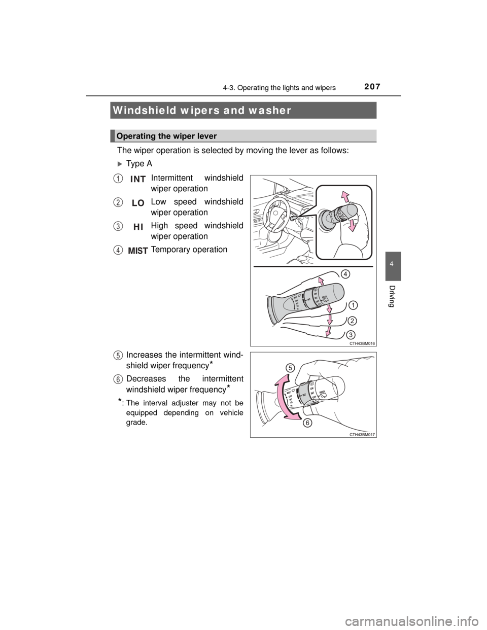 TOYOTA PRIUS C 2015 NHP10 / 1.G Owners Manual 2074-3. Operating the lights and wipers
4
Driving
PRIUS c_U (OM52E68U)
The wiper operation is selected by moving the lever as follows:
Type AIntermittent windshield
wiper operation
Low speed windsh