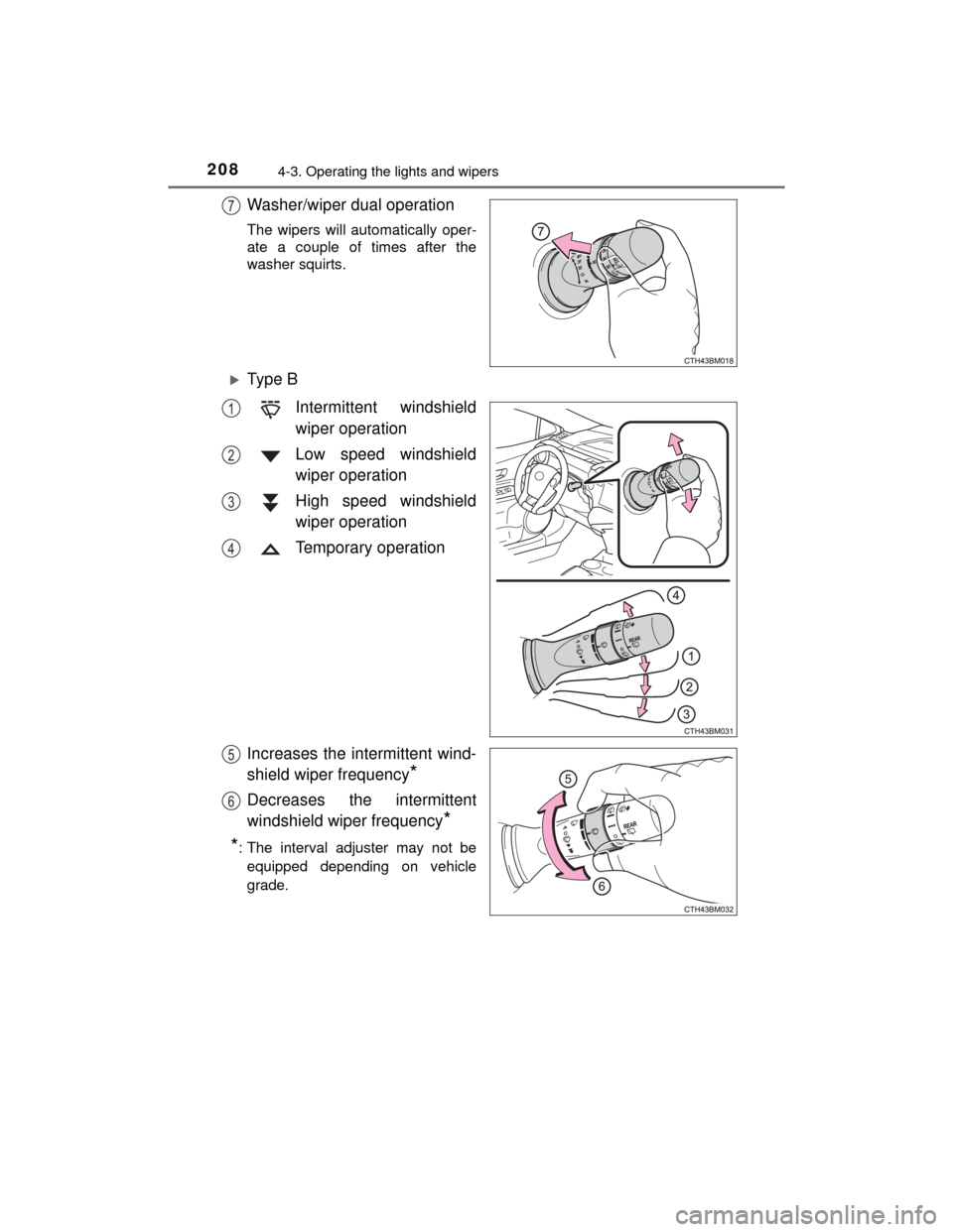 TOYOTA PRIUS C 2015 NHP10 / 1.G Owners Manual 2084-3. Operating the lights and wipers
PRIUS c_U (OM52E68U)
Washer/wiper dual operation
The wipers will automatically oper-
ate a couple of times after the
washer squirts.
Type BIntermittent winds