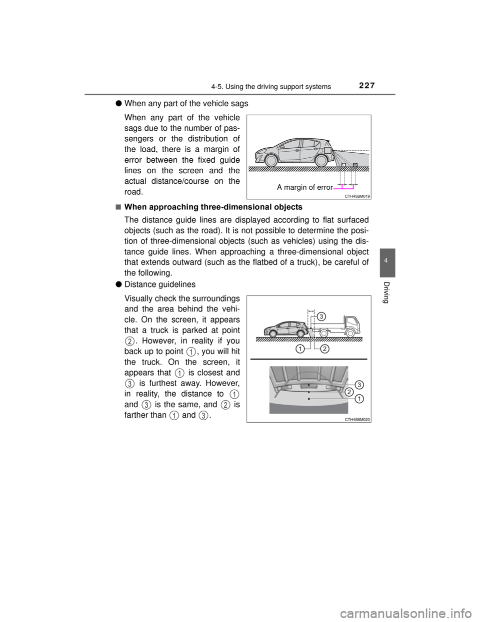 TOYOTA PRIUS C 2015 NHP10 / 1.G Owners Manual 2274-5. Using the driving support systems
4
Driving
PRIUS c_U (OM52E68U)
●When any part of the vehicle sags
When any part of the vehicle
sags due to the number of pas-
sengers or the distribution of