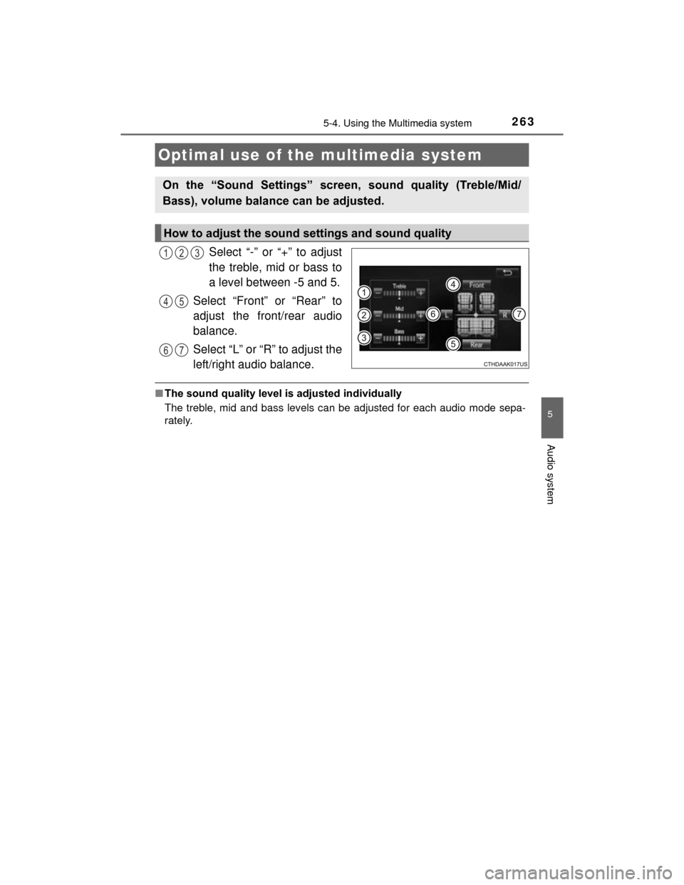 TOYOTA PRIUS C 2015 NHP10 / 1.G Owners Manual 2635-4. Using the Multimedia system
5
Audio system
PRIUS c_U (OM52E68U)
Select “-” or “+” to adjust
the treble, mid or bass to
a level between -5 and 5.
Select “Front” or “Rear” to
adj TOYOTA PRIUS C 2015 NHP10 / 1.G Owners Manual 2635-4. Using the Multimedia system
5
Audio system
PRIUS c_U (OM52E68U)
Select “-” or “+” to adjust
the treble, mid or bass to
a level between -5 and 5.
Select “Front” or “Rear” to
adj