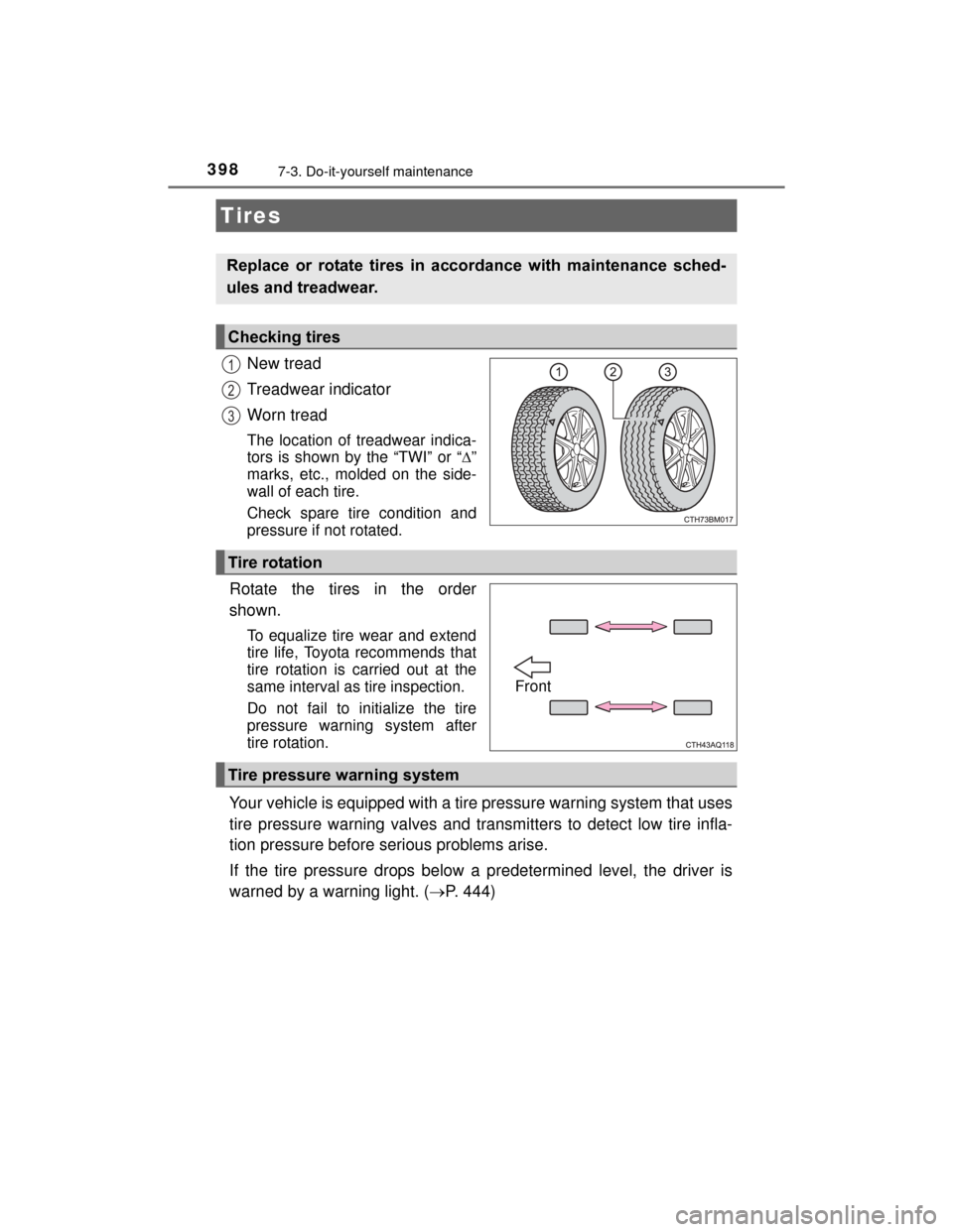 TOYOTA PRIUS C 2015 NHP10 / 1.G Owners Guide 3987-3. Do-it-yourself maintenance
PRIUS c_U (OM52E68U)
New tread
Treadwear indicator
Worn tread
The location of treadwear indica-
tors is shown by the “TWI” or “”
marks, etc., molded on th