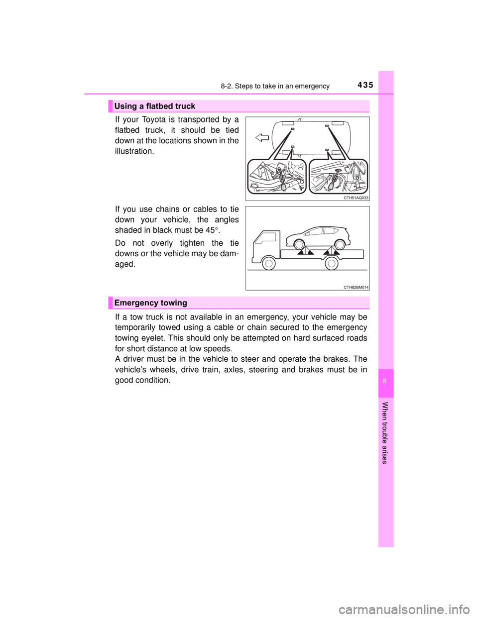 TOYOTA PRIUS C 2015 NHP10 / 1.G Owners Manual 4358-2. Steps to take in an emergency
8
When trouble arises
PRIUS c_U (OM52E68U)
If your Toyota is transported by a
flatbed truck, it should be tied
down at the locations shown in the
illustration.
If