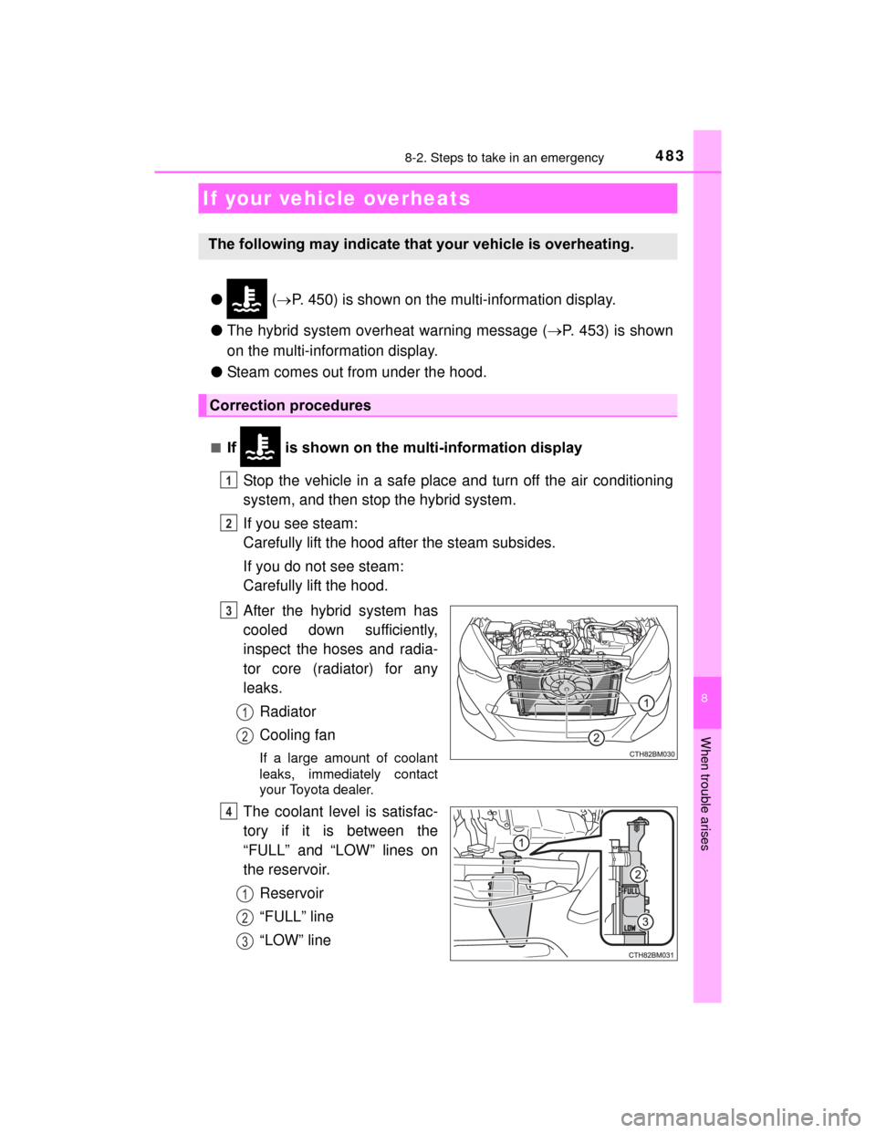 TOYOTA PRIUS C 2015 NHP10 / 1.G Owners Manual 4838-2. Steps to take in an emergency
8
When trouble arises
PRIUS c_U (OM52E68U)
● ( P. 450) is shown on the multi-information display.
● The hybrid system overheat warning message ( P. 453) TOYOTA PRIUS C 2015 NHP10 / 1.G Owners Manual 4838-2. Steps to take in an emergency
8
When trouble arises
PRIUS c_U (OM52E68U)
● ( P. 450) is shown on the multi-information display.
● The hybrid system overheat warning message ( P. 453)