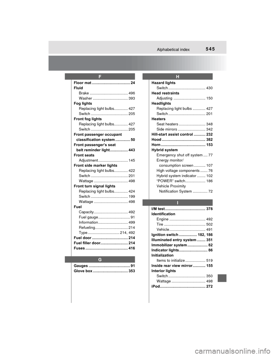 TOYOTA PRIUS C 2015 NHP10 / 1.G Owners Manual 545Alphabetical index
PRIUS c_U (OM52E68U)
Floor mat .................................... 24
FluidBrake .................................... 496
Washer ................................. 393
Fog lights
