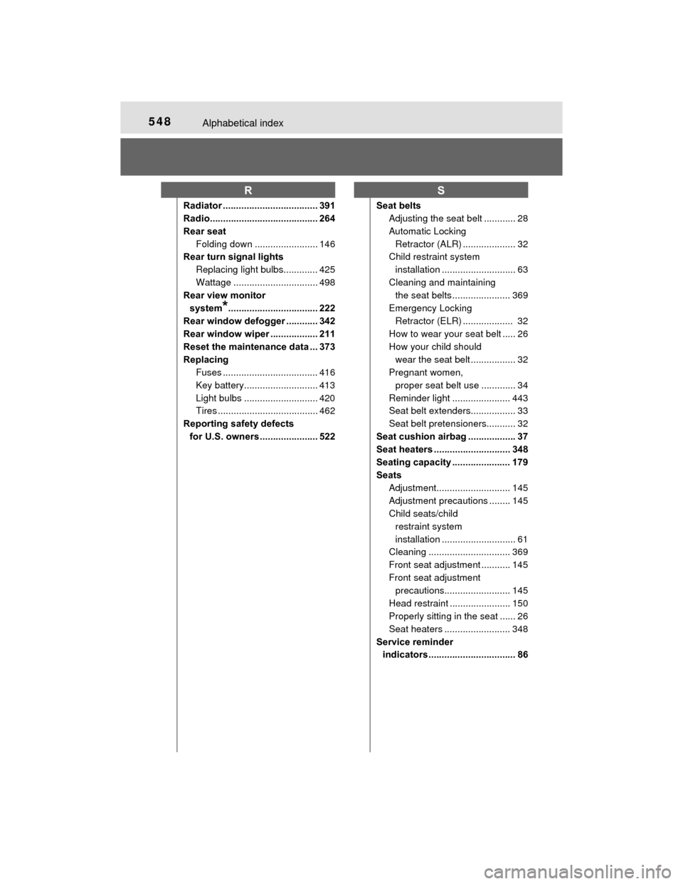 TOYOTA PRIUS C 2015 NHP10 / 1.G Manual PDF 548Alphabetical index
PRIUS c_U (OM52E68U)
Radiator .................................... 391
Radio......................................... 264
Rear seatFolding down ........................ 146
Rear 