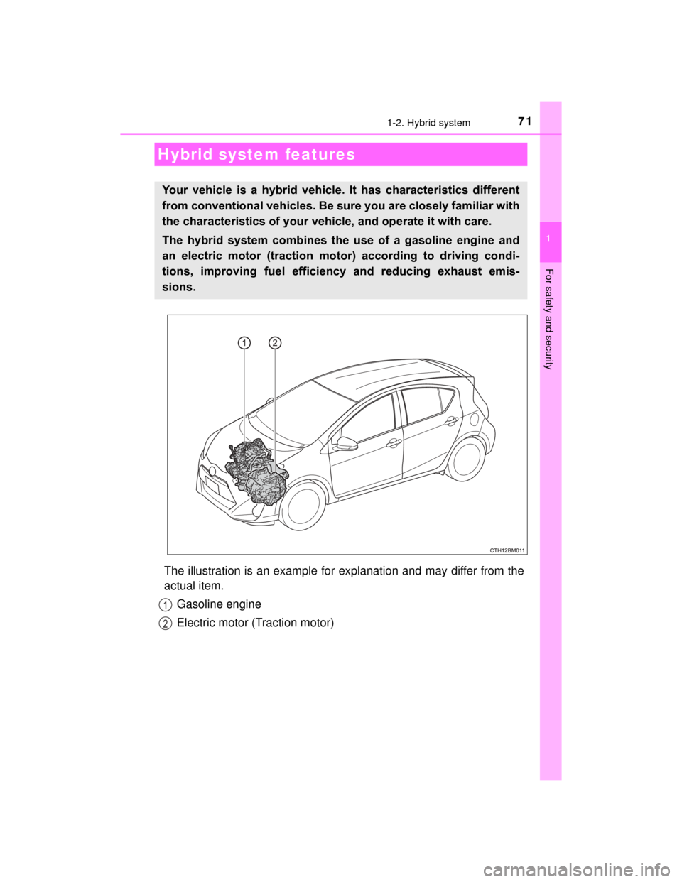 TOYOTA PRIUS C 2015 NHP10 / 1.G Owners Manual 71
1
For safety and security
PRIUS c_U (OM52E68U)
1-2. Hybrid system
The illustration is an example for explanation and may differ from the
actual item.Gasoline engine
Electric motor (Traction motor)
