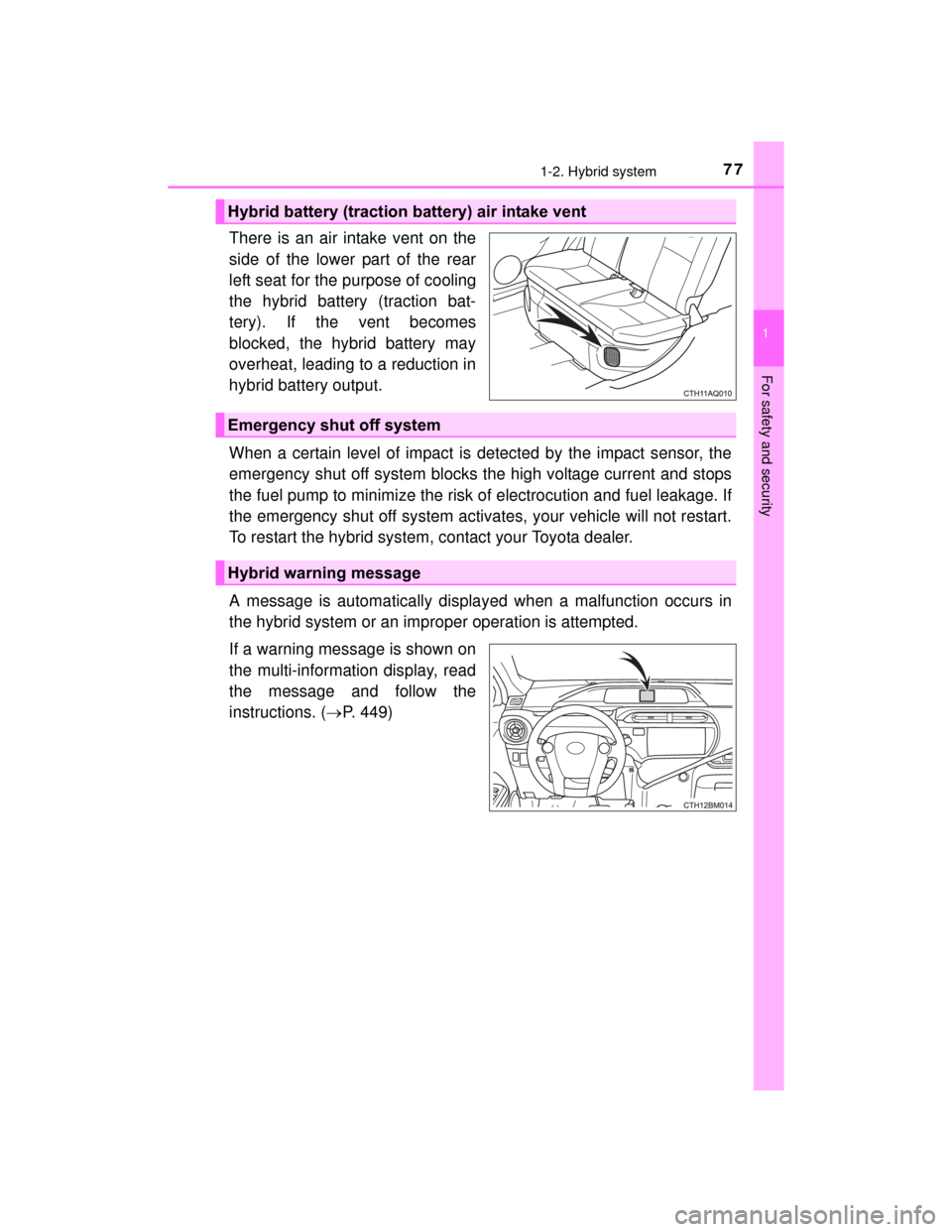 TOYOTA PRIUS C 2015 NHP10 / 1.G Owners Manual 771-2. Hybrid system
1
For safety and security
PRIUS c_U (OM52E68U)
There is an air intake vent on the
side of the lower part of the rear
left seat for the purpose of cooling
the hybrid battery (tract