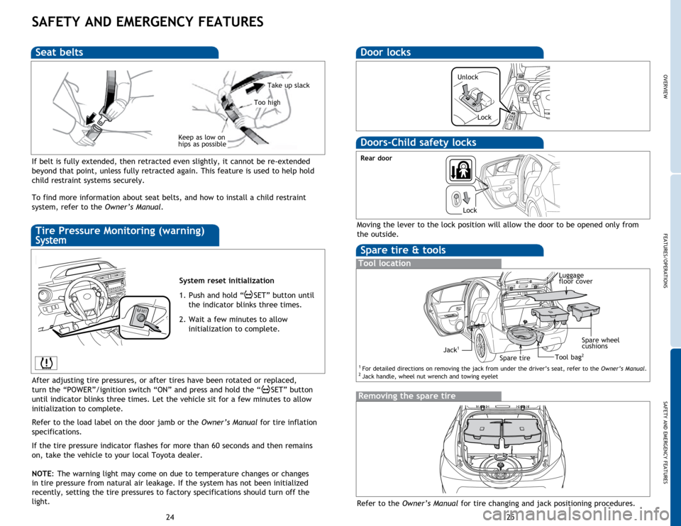 TOYOTA PRIUS C 2015 NHP10 / 1.G Quick Reference Guide OVERVIEW
FEATURES/OPERATIONS
SAFETY AND EMERGENCY FEATURES
25
24
SAFETY AND EMERGENCY FEATURES
If belt is fully extended, then retracted even slightly, it cannot be re-extended
beyond that point, unl TOYOTA PRIUS C 2015 NHP10 / 1.G Quick Reference Guide OVERVIEW
FEATURES/OPERATIONS
SAFETY AND EMERGENCY FEATURES
25
24
SAFETY AND EMERGENCY FEATURES
If belt is fully extended, then retracted even slightly, it cannot be re-extended
beyond that point, unl