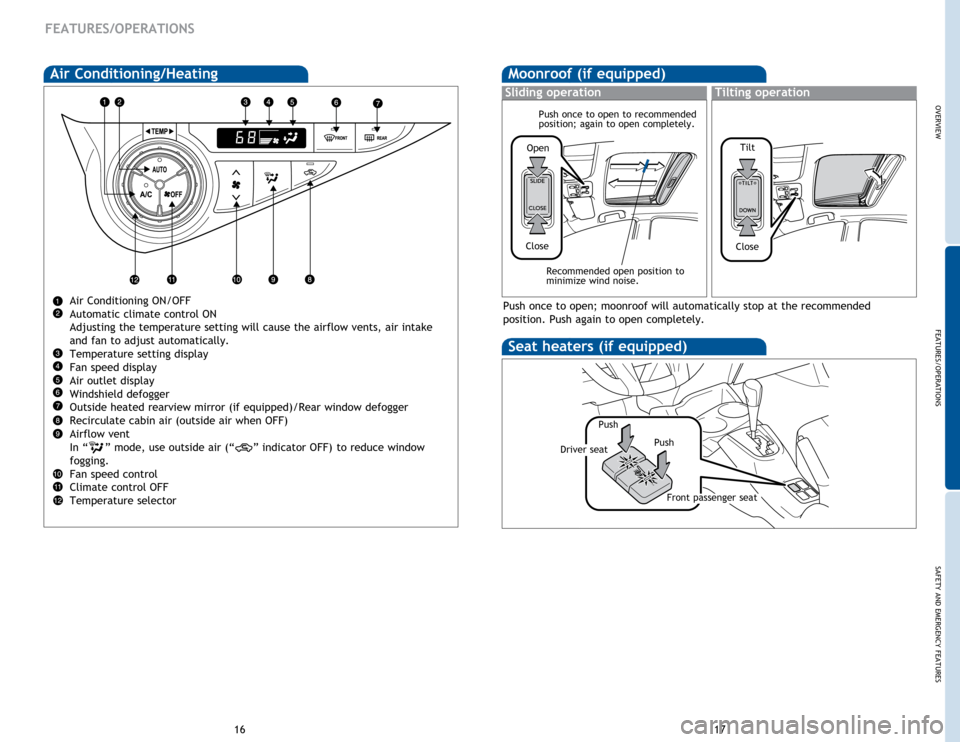 TOYOTA PRIUS C 2015 NHP10 / 1.G Quick Reference Guide OVERVIEW
FEATURES/OPERATIONS
SAFETY AND EMERGENCY FEATURES
1617
FEATURES/OPERATIONS
Air Conditioning/Heating
Air Conditioning ON/OFF
Automatic climate control ON
Adjusting the temperature setting will