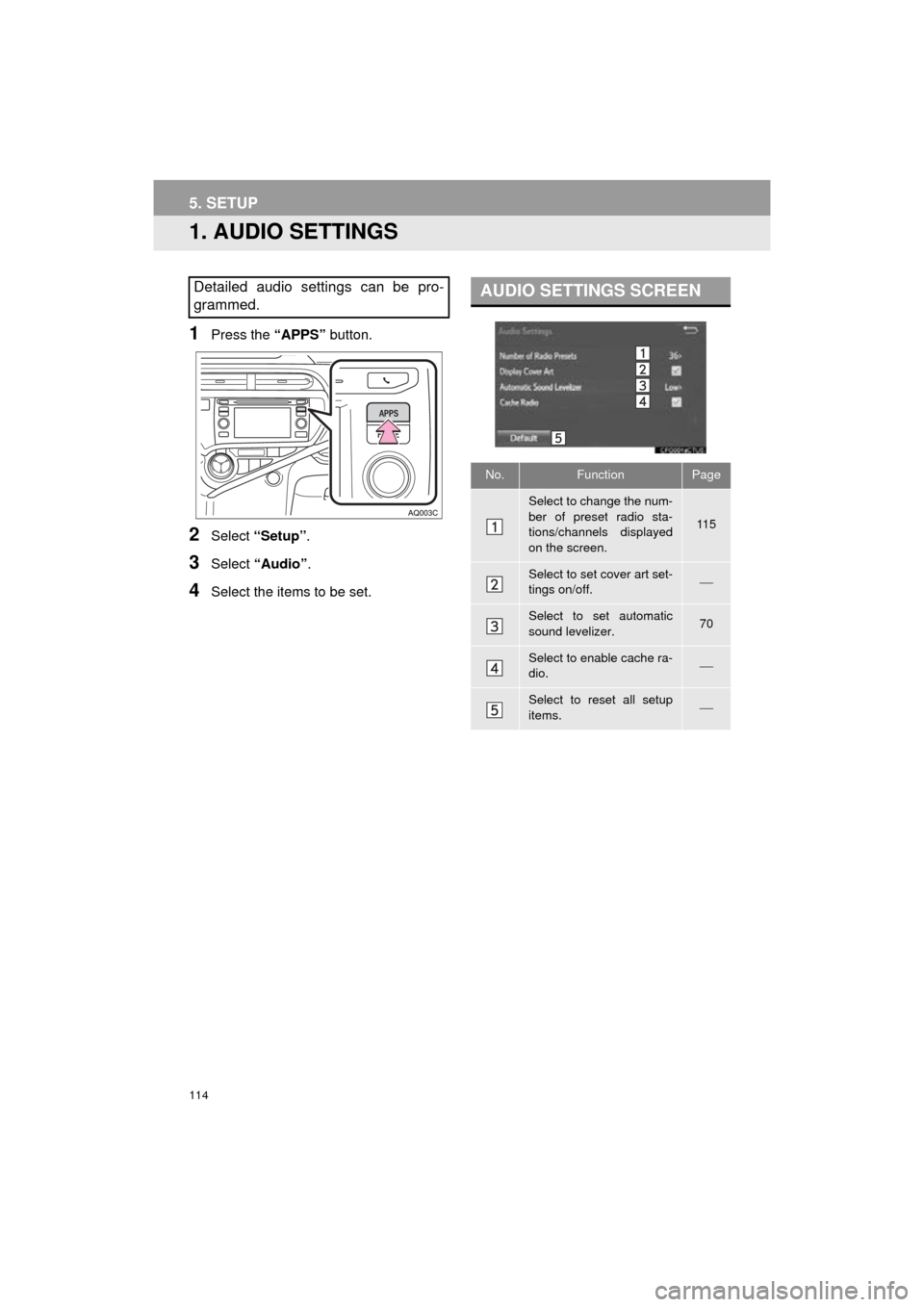 TOYOTA PRIUS C 2016 NHP10 / 1.G Navigation Manual 114
Prius_C_Navi_U
5. SETUP
1. AUDIO SETTINGS
1Press the “APPS” button.
2Select “Setup” .
3Select “Audio” .
4Select the items to be set.
Detailed audio settings can be pro-
grammed.AUDIO S TOYOTA PRIUS C 2016 NHP10 / 1.G Navigation Manual 114
Prius_C_Navi_U
5. SETUP
1. AUDIO SETTINGS
1Press the “APPS” button.
2Select “Setup” .
3Select “Audio” .
4Select the items to be set.
Detailed audio settings can be pro-
grammed.AUDIO S