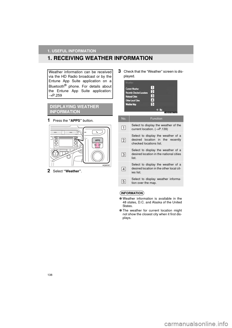 TOYOTA PRIUS C 2016 NHP10 / 1.G Navigation Manual 138
Prius_C_Navi_U
1. USEFUL INFORMATION
1. RECEIVING WEATHER INFORMATION
1Press the “APPS” button.
2Select “Weather” .
3Check that the “Weather” screen is dis-
played.Weather information TOYOTA PRIUS C 2016 NHP10 / 1.G Navigation Manual 138
Prius_C_Navi_U
1. USEFUL INFORMATION
1. RECEIVING WEATHER INFORMATION
1Press the “APPS” button.
2Select “Weather” .
3Check that the “Weather” screen is dis-
played.Weather information