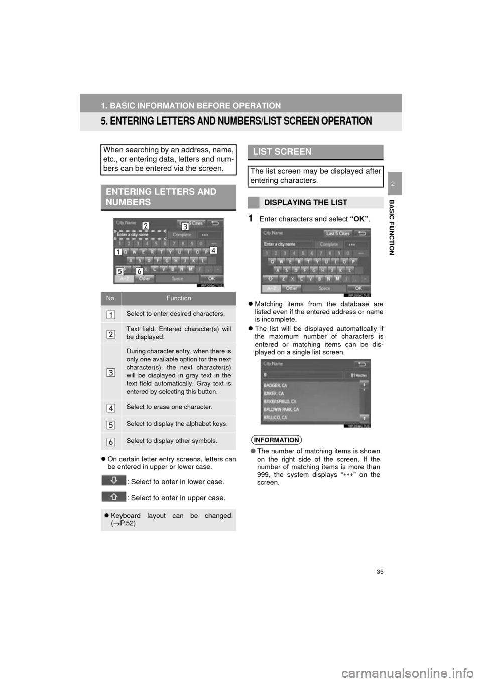 TOYOTA PRIUS C 2016 NHP10 / 1.G Navigation Manual 35
1. BASIC INFORMATION BEFORE OPERATION
Prius_C_Navi_U
BASIC FUNCTION
2
5. ENTERING LETTERS AND NUMBERS/LIST SCREEN OPERATION
On certain letter entry screens, letters can
be entered in upper or lo TOYOTA PRIUS C 2016 NHP10 / 1.G Navigation Manual 35
1. BASIC INFORMATION BEFORE OPERATION
Prius_C_Navi_U
BASIC FUNCTION
2
5. ENTERING LETTERS AND NUMBERS/LIST SCREEN OPERATION
On certain letter entry screens, letters can
be entered in upper or lo