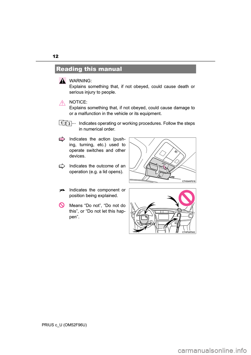 TOYOTA PRIUS C 2016 NHP10 / 1.G User Guide 12
PRIUS c_U (OM52F96U)
WARNING: 
Explains something that, if not obeyed, could cause death or
serious injury to people.
NOTICE: 
Explains something that, if not obeyed, could cause damage to
or a mal
