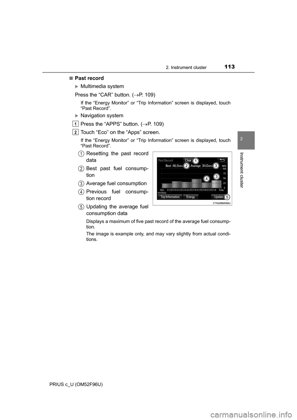 TOYOTA PRIUS C 2016 NHP10 / 1.G Owners Manual 1132. Instrument cluster
2
Instrument cluster
PRIUS c_U (OM52F96U)■
Past record
Multimedia system
Press the “CAR” button. ( P. 109)
If the “Energy Monitor” or “Trip In formation” s TOYOTA PRIUS C 2016 NHP10 / 1.G Owners Manual 1132. Instrument cluster
2
Instrument cluster
PRIUS c_U (OM52F96U)■
Past record
Multimedia system
Press the “CAR” button. ( P. 109)
If the “Energy Monitor” or “Trip In formation” s