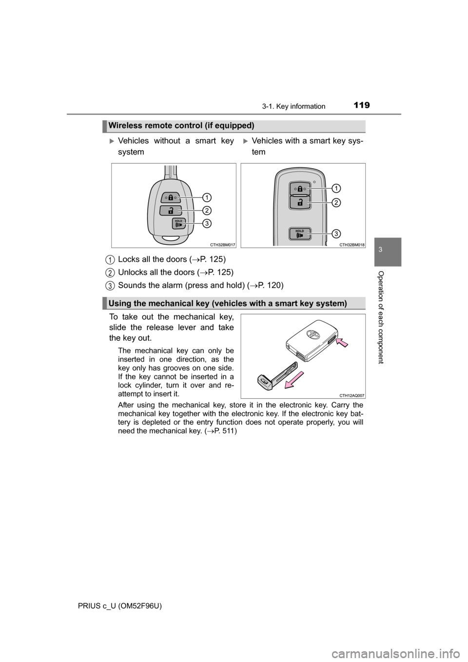 TOYOTA PRIUS C 2016 NHP10 / 1.G Owners Manual 1193-1. Key information
3
Operation of each component
PRIUS c_U (OM52F96U)
Locks all the doors (P. 125)
Unlocks all the doors ( P. 125)
Sounds the alarm (press and hold) ( P. 120)
To take out TOYOTA PRIUS C 2016 NHP10 / 1.G Owners Manual 1193-1. Key information
3
Operation of each component
PRIUS c_U (OM52F96U)
Locks all the doors (P. 125)
Unlocks all the doors ( P. 125)
Sounds the alarm (press and hold) ( P. 120)
To take out