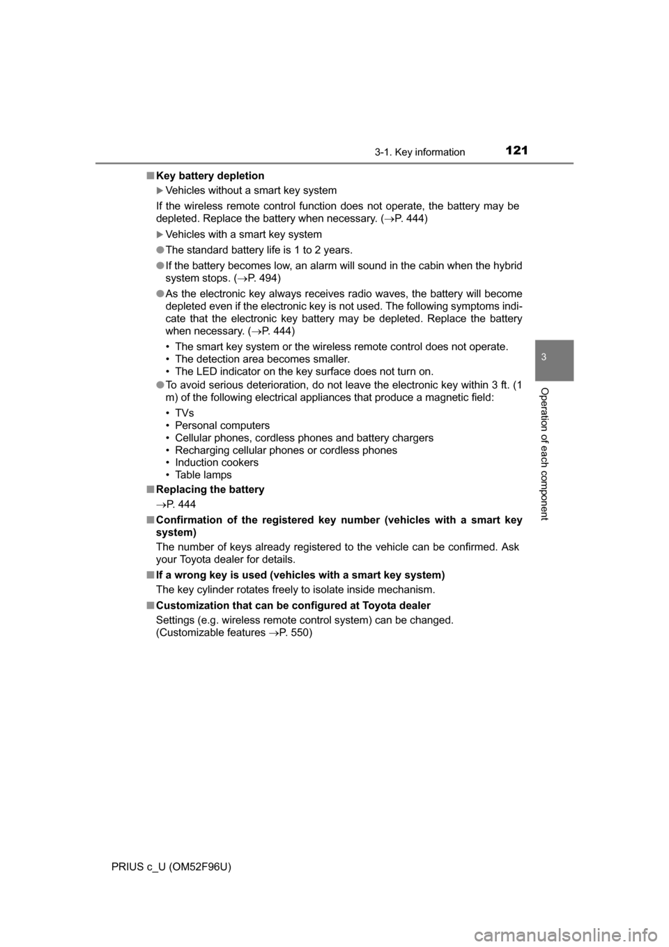 TOYOTA PRIUS C 2016 NHP10 / 1.G Owners Manual 1213-1. Key information
3
Operation of each component
PRIUS c_U (OM52F96U)■
Key battery depletion
Vehicles without a smart key system
If the wireless remote control function does not operate, the TOYOTA PRIUS C 2016 NHP10 / 1.G Owners Manual 1213-1. Key information
3
Operation of each component
PRIUS c_U (OM52F96U)■
Key battery depletion
Vehicles without a smart key system
If the wireless remote control function does not operate, the