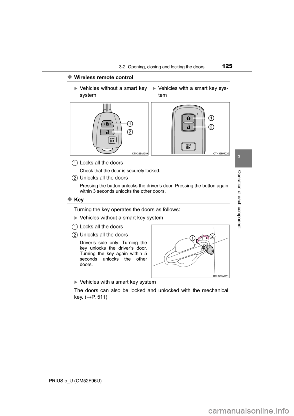 TOYOTA PRIUS C 2016 NHP10 / 1.G Owners Manual 1253-2. Opening, closing and locking the doors
3
Operation of each component
PRIUS c_U (OM52F96U)
◆Wireless remote controlLocks all the doors
Check that the door is securely locked.
Unlocks all the TOYOTA PRIUS C 2016 NHP10 / 1.G Owners Manual 1253-2. Opening, closing and locking the doors
3
Operation of each component
PRIUS c_U (OM52F96U)
◆Wireless remote controlLocks all the doors
Check that the door is securely locked.
Unlocks all the