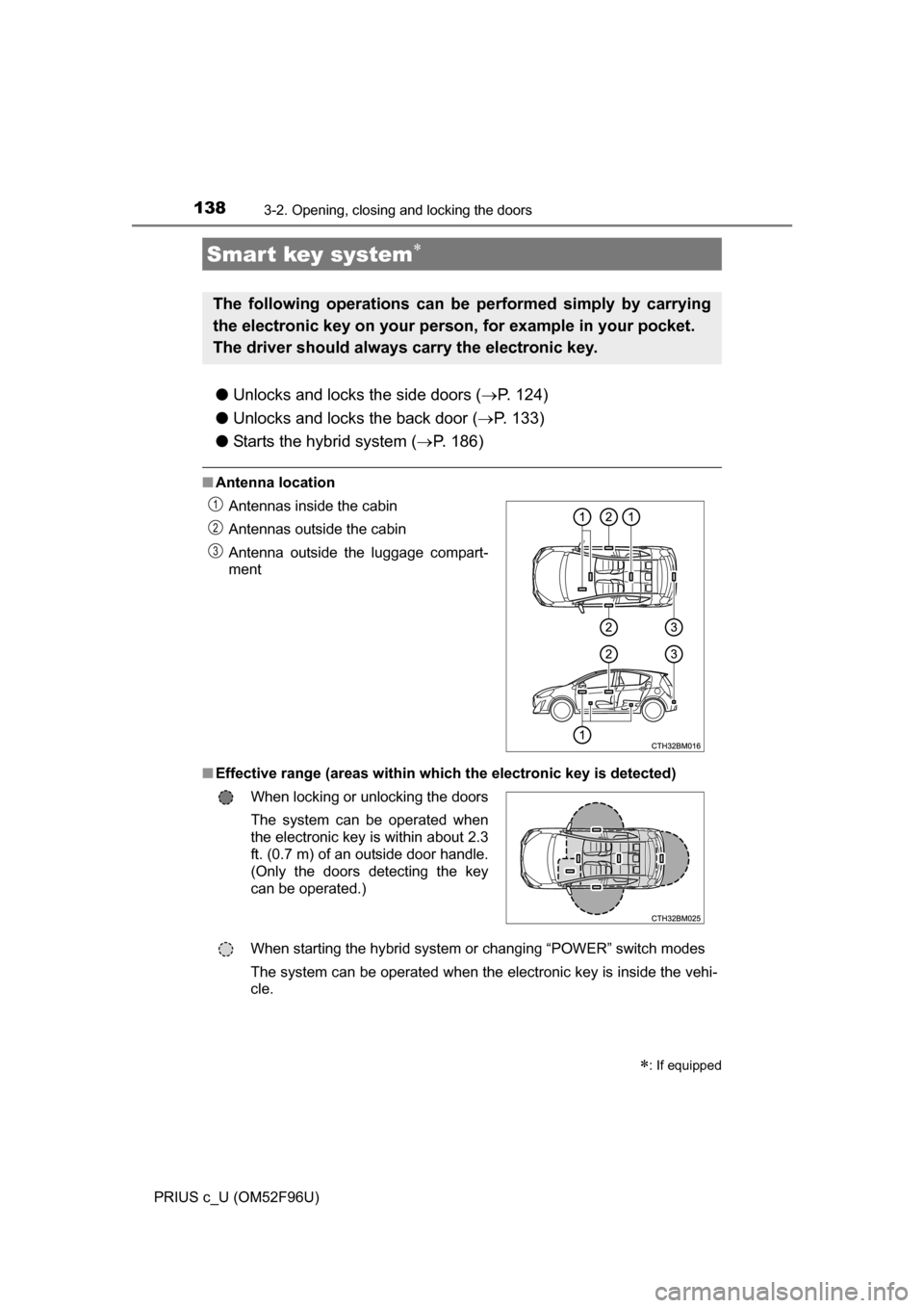 TOYOTA PRIUS C 2016 NHP10 / 1.G Owners Manual 1383-2. Opening, closing and locking the doors
PRIUS c_U (OM52F96U)
●Unlocks and locks the side doors ( P. 124)
● Unlocks and locks the back door ( P. 133)
● Starts the hybrid system ( TOYOTA PRIUS C 2016 NHP10 / 1.G Owners Manual 1383-2. Opening, closing and locking the doors
PRIUS c_U (OM52F96U)
●Unlocks and locks the side doors ( P. 124)
● Unlocks and locks the back door ( P. 133)
● Starts the hybrid system ( 