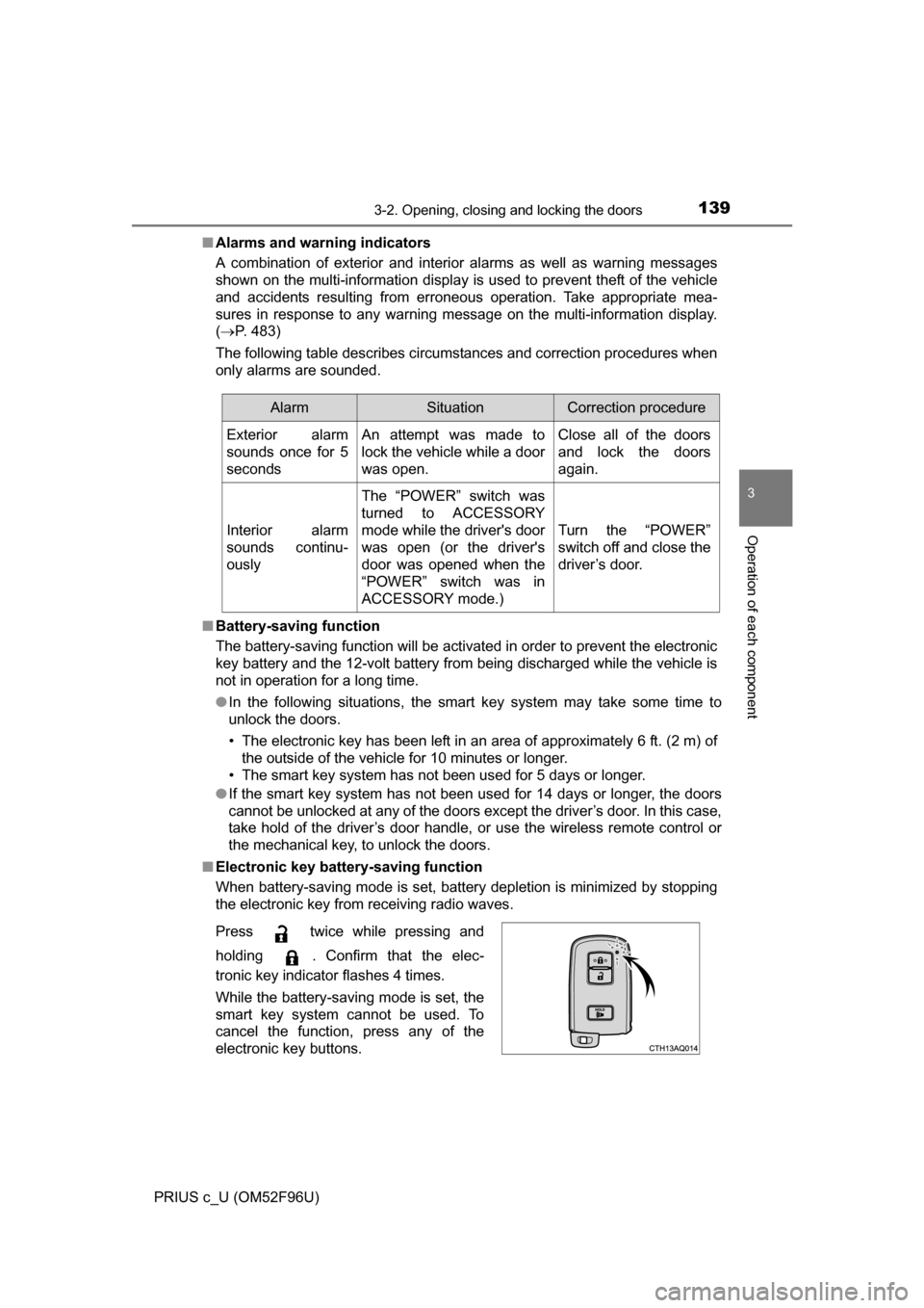 TOYOTA PRIUS C 2016 NHP10 / 1.G Owners Manual 1393-2. Opening, closing and locking the doors
3
Operation of each component
PRIUS c_U (OM52F96U)■
Alarms and warning indicators
A combination of exterior and interior alarms as well as warning mess TOYOTA PRIUS C 2016 NHP10 / 1.G Owners Manual 1393-2. Opening, closing and locking the doors
3
Operation of each component
PRIUS c_U (OM52F96U)■
Alarms and warning indicators
A combination of exterior and interior alarms as well as warning mess