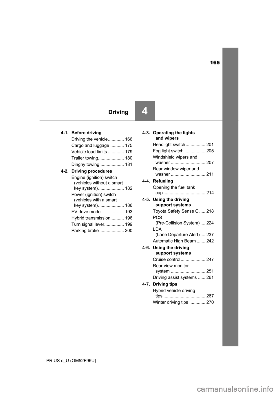 TOYOTA PRIUS C 2016 NHP10 / 1.G Owners Manual 165
4Driving
PRIUS c_U (OM52F96U)4-1. Before driving
Driving the vehicle ............. 166
Cargo and luggage ........... 175
Vehicle load limits ............. 179
Trailer towing..................... 1 TOYOTA PRIUS C 2016 NHP10 / 1.G Owners Manual 165
4Driving
PRIUS c_U (OM52F96U)4-1. Before driving
Driving the vehicle ............. 166
Cargo and luggage ........... 175
Vehicle load limits ............. 179
Trailer towing..................... 1