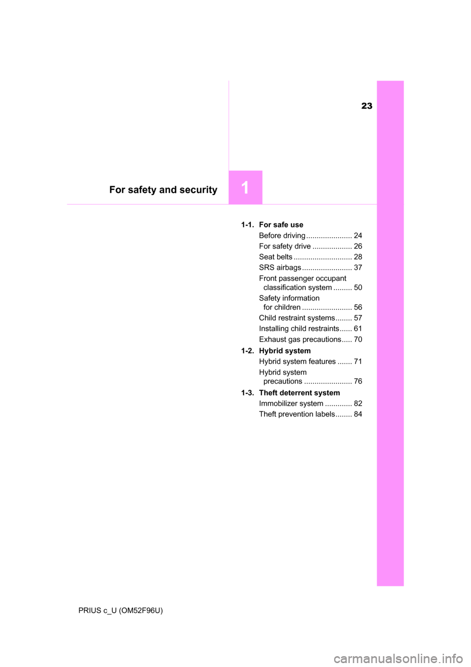 TOYOTA PRIUS C 2016 NHP10 / 1.G Owners Manual 23
For safety and security1
PRIUS c_U (OM52F96U)1-1. For safe use
Before driving ...................... 24
For safety drive ................... 26
Seat belts ............................ 28
SRS airbag