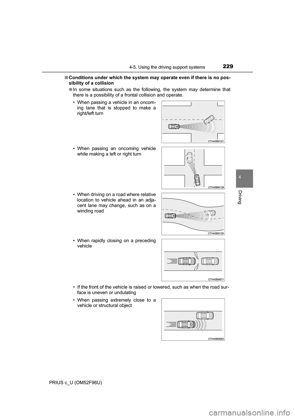 TOYOTA PRIUS C 2016 NHP10 / 1.G Owners Manual 2294-5. Using the driving support systems
4
Driving
PRIUS c_U (OM52F96U)■
Conditions under which the system ma y operate even if there is no pos-
sibility of a collision
● In some situations such TOYOTA PRIUS C 2016 NHP10 / 1.G Owners Manual 2294-5. Using the driving support systems
4
Driving
PRIUS c_U (OM52F96U)■
Conditions under which the system ma y operate even if there is no pos-
sibility of a collision
● In some situations such