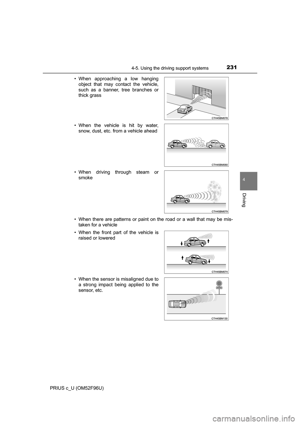 TOYOTA PRIUS C 2016 NHP10 / 1.G Owners Manual 2314-5. Using the driving support systems
4
Driving
PRIUS c_U (OM52F96U)• When there are patterns or paint on the road or a wall that may be mis-
taken for a vehicle
• When approaching a low hangi TOYOTA PRIUS C 2016 NHP10 / 1.G Owners Manual 2314-5. Using the driving support systems
4
Driving
PRIUS c_U (OM52F96U)• When there are patterns or paint on the road or a wall that may be mis-
taken for a vehicle
• When approaching a low hangi