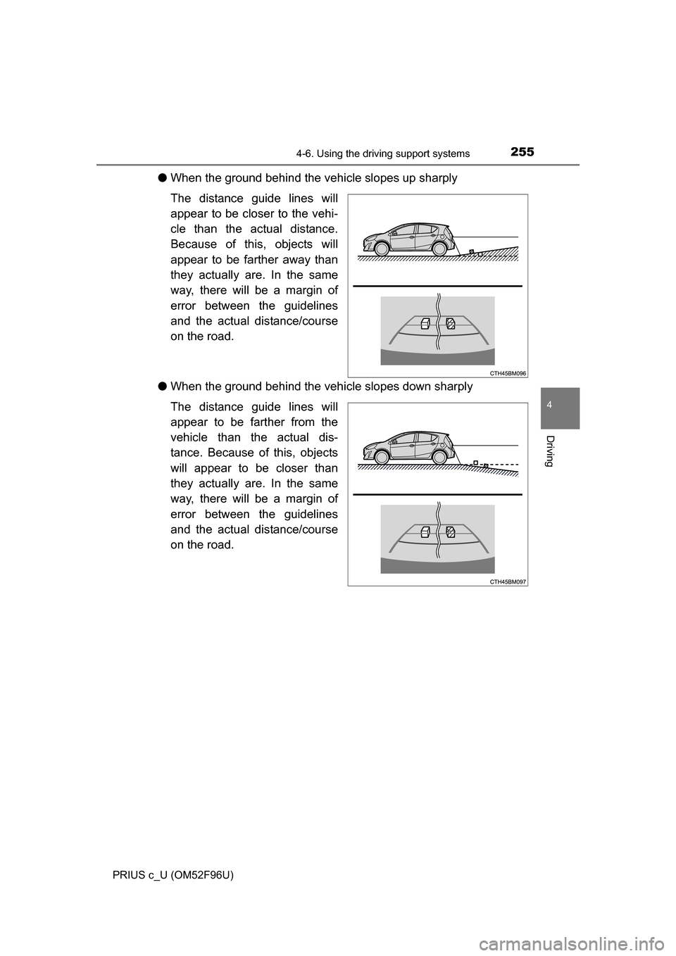 TOYOTA PRIUS C 2016 NHP10 / 1.G Owners Manual 2554-6. Using the driving support systems
4
Driving
PRIUS c_U (OM52F96U)
●When the ground behind the vehicle slopes up sharply
The distance guide lines will
appear to be closer to the vehi-
cle than