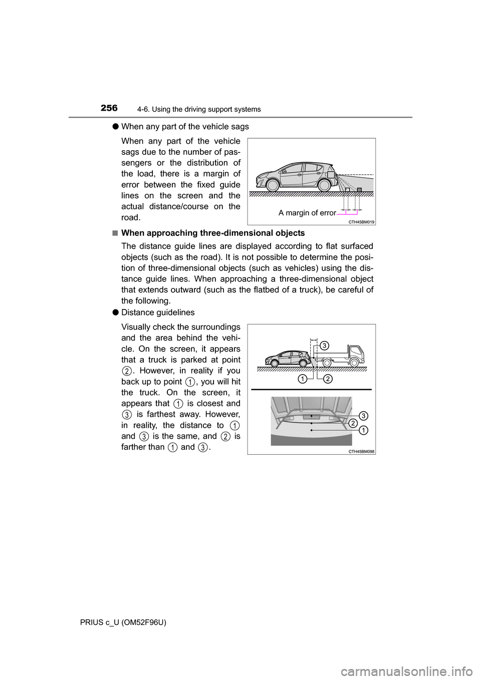 TOYOTA PRIUS C 2016 NHP10 / 1.G Owners Manual 2564-6. Using the driving support systems
PRIUS c_U (OM52F96U)
●When any part of the vehicle sags
When any part of the vehicle
sags due to the number of pas-
sengers or the distribution of
the load,