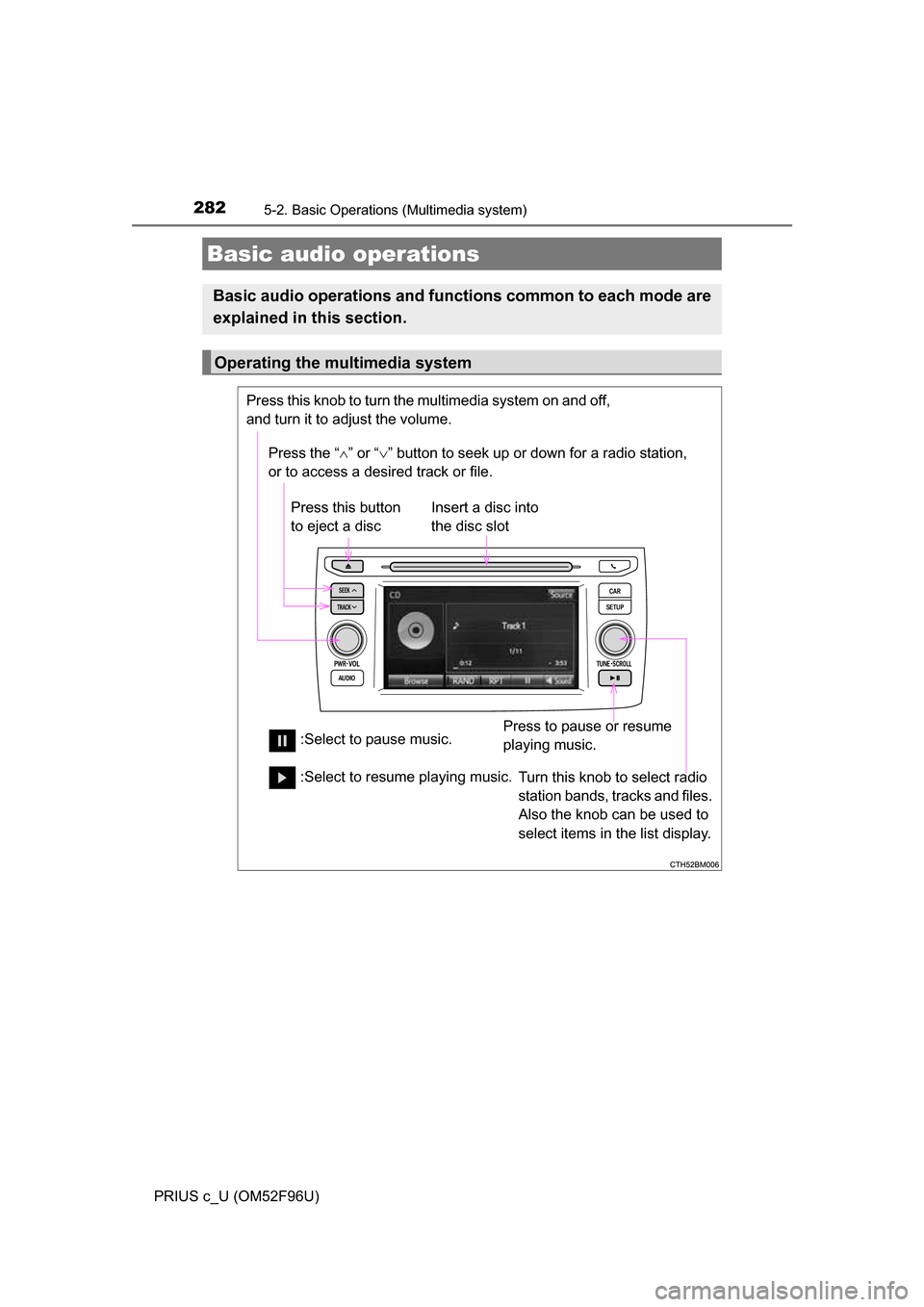 TOYOTA PRIUS C 2016 NHP10 / 1.G Owners Manual 2825-2. Basic Operations (Multimedia system)
PRIUS c_U (OM52F96U)
Basic audio operations
Basic audio operations and functions common to each mode are
explained in this section.
Operating the multimedi