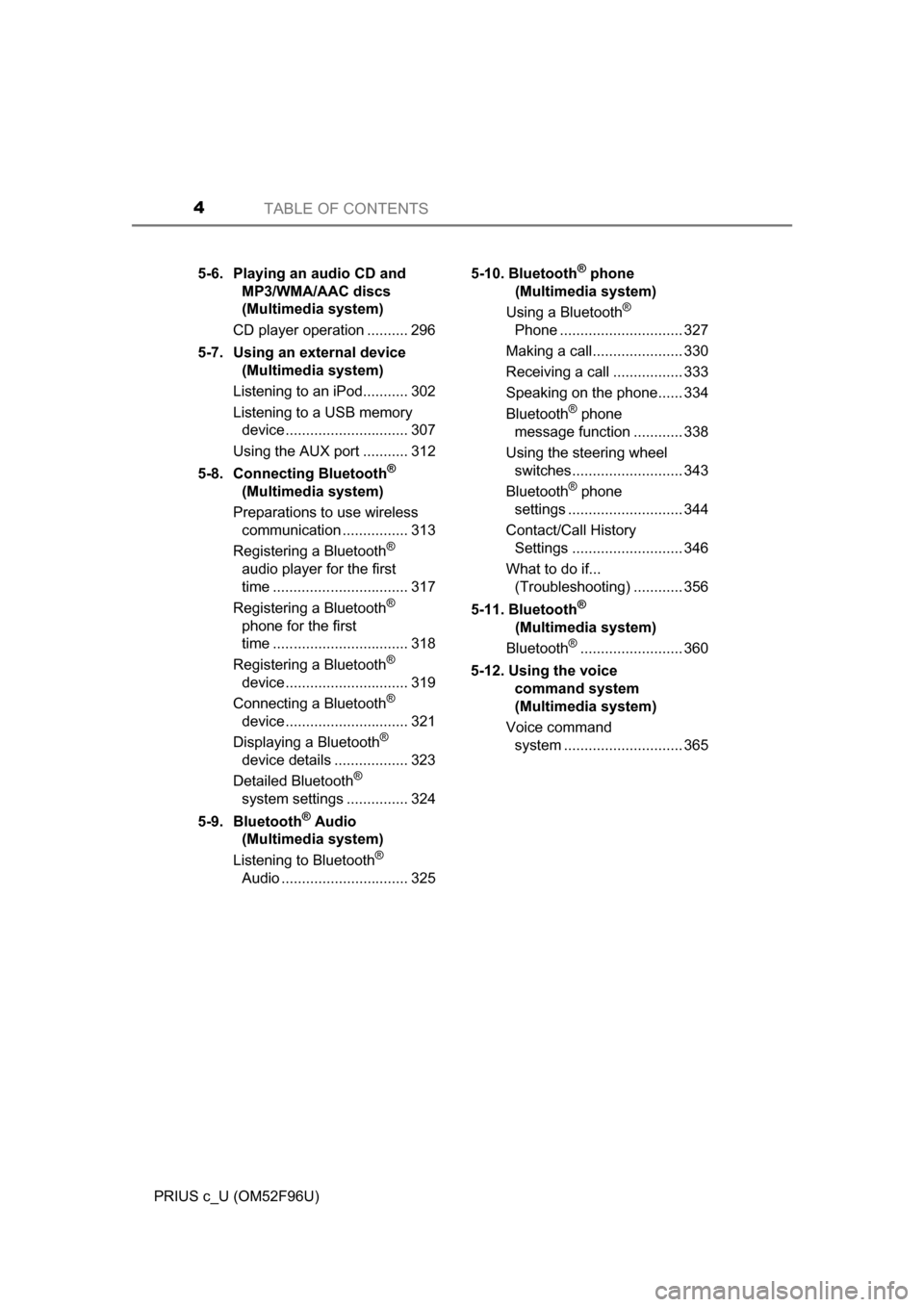 TOYOTA PRIUS C 2016 NHP10 / 1.G Owners Manual TABLE OF CONTENTS4
PRIUS c_U (OM52F96U)5-6.  Playing an audio CD and 
MP3/WMA/AAC discs 
(Multimedia system)
CD player operation .......... 296
5-7.  Using an external device  (Multimedia system)
List